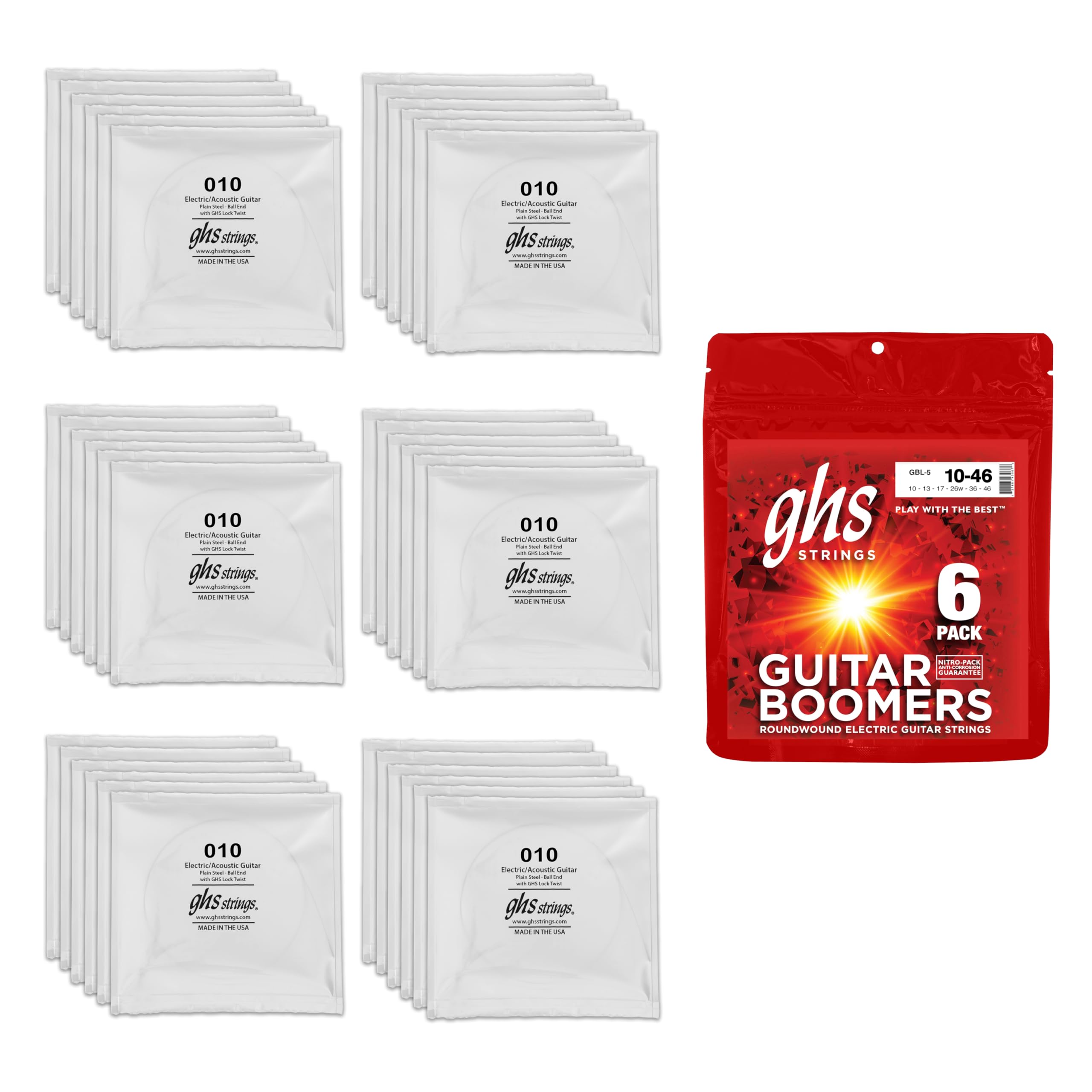 GHS Struny GBL-5 bumery gitarowe, niklowane struny do gitary elektrycznej, lekkie, 6-pak (.010-.046)