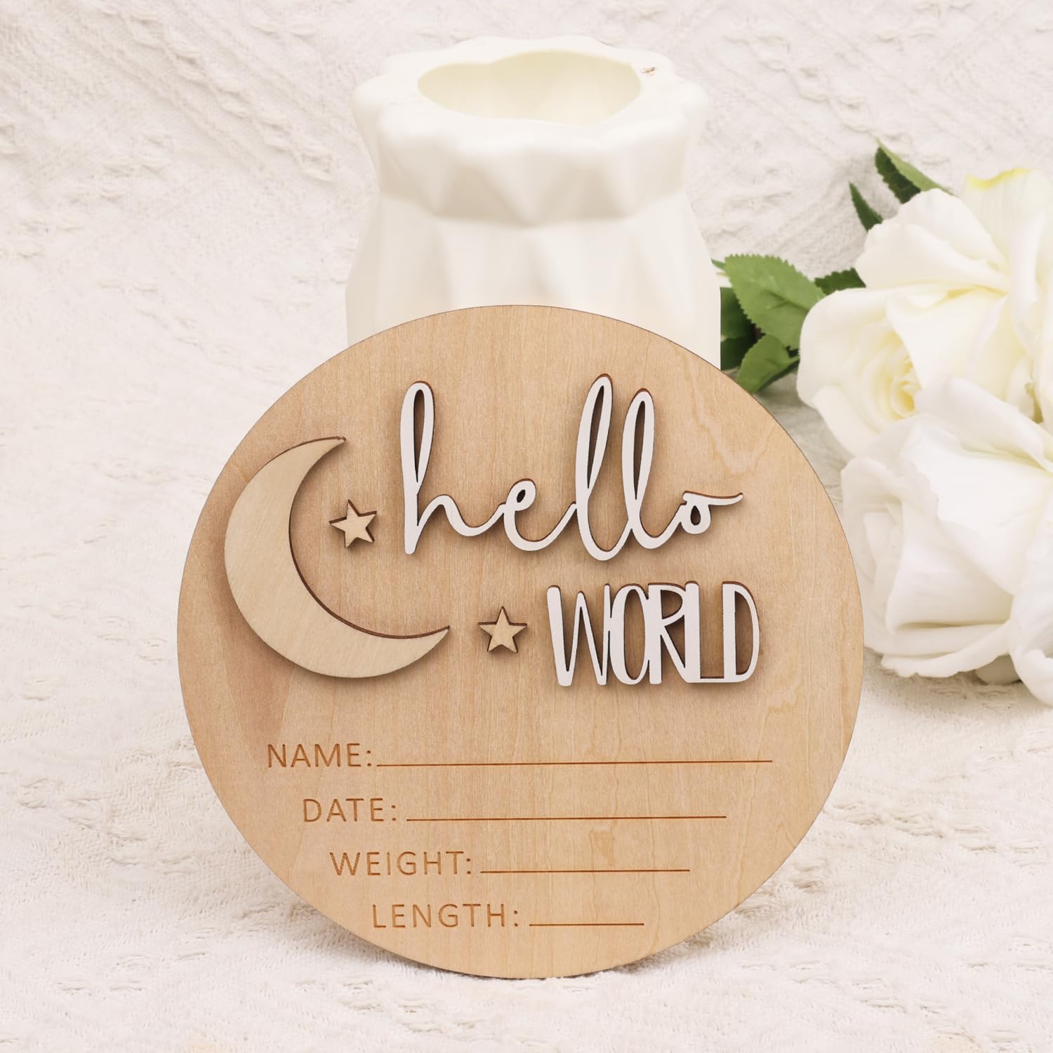 Birth Announcement Sign, 5.91 Inch Wooden Hello World Newborn Sign New Baby Name Welcome Cards Smooth Newborn Announcement Board