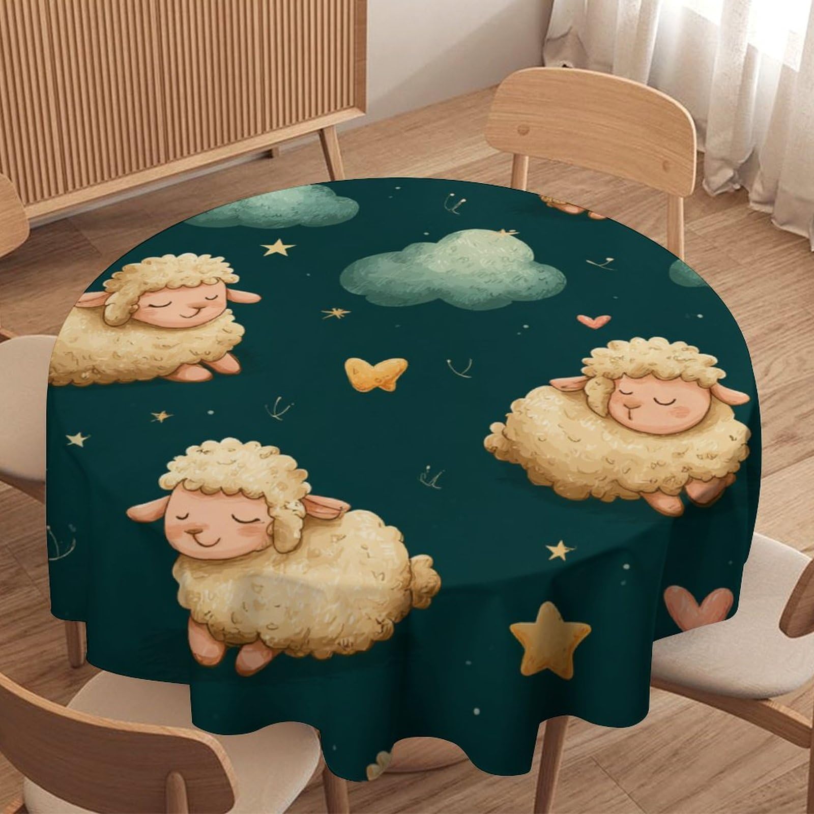 LUYYSKY Modern Anime Animals Alpaca Waterproof Round Tablecloth Funny Watercolor Farm Animal Sheep Cloud Star Heart Print Washable Table Cover for Kitchen-91.4" Wx91.4 L cm