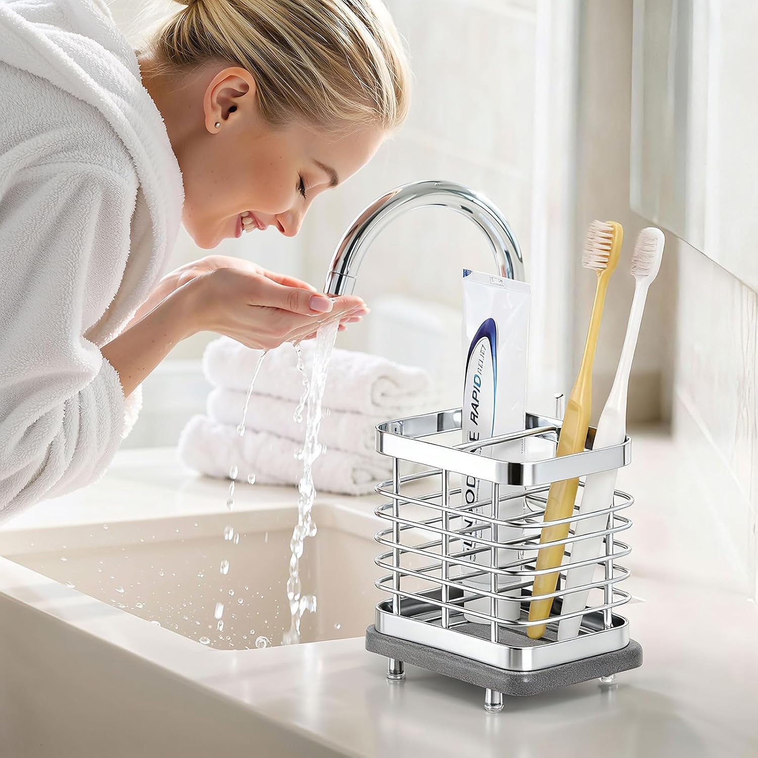 Shinowa Toothbrush Holder Wall Mounted for Bathroom 2 Slots, Silver
