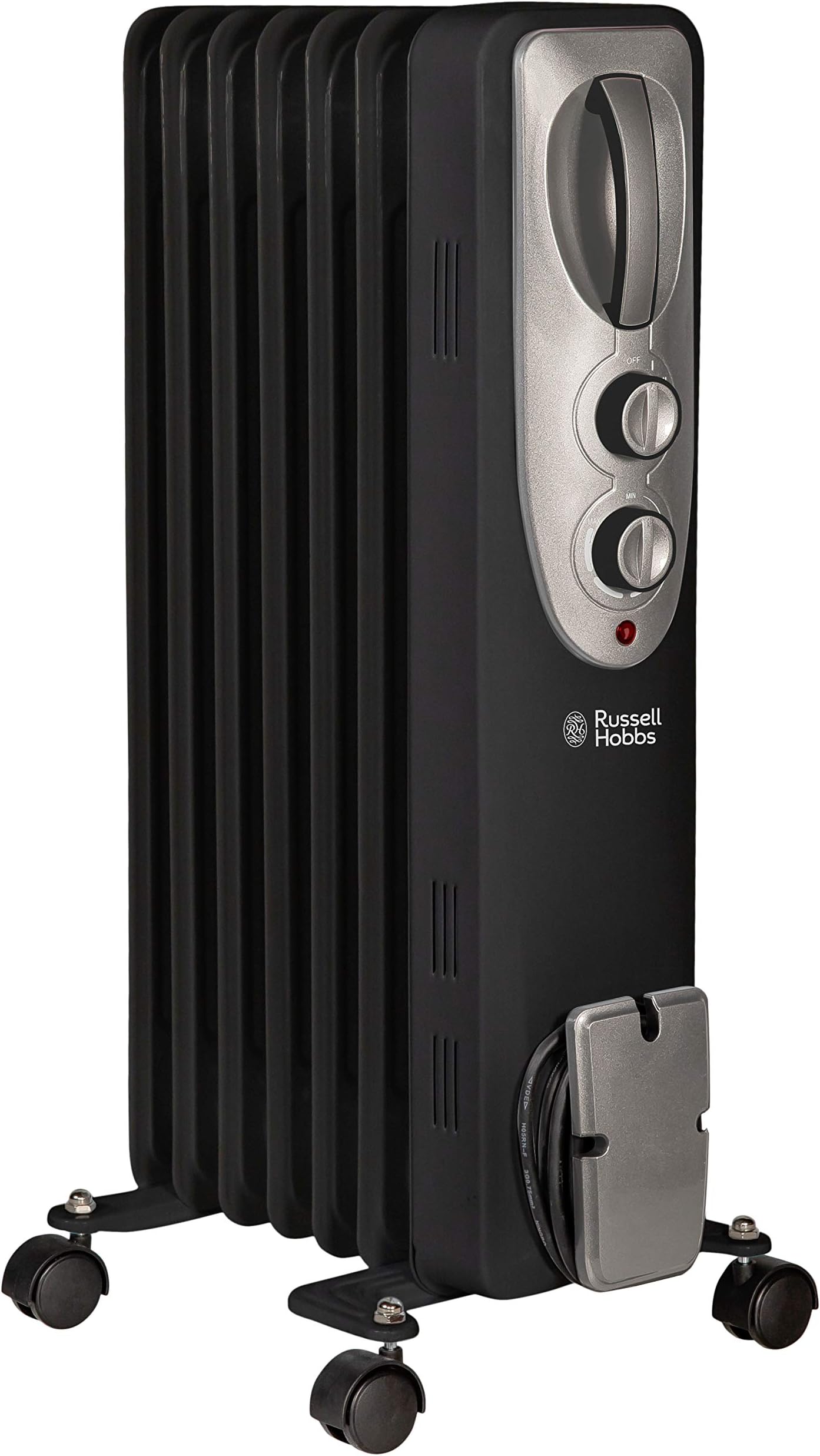 1500W/1.5KW Oil Filled Radiator, 7 Fin Portable Electric Heater - Black, Adjustable Thermostat with 3 Heat Settings, Safety Cut-off, 15 m sq Room Size, RHOFR5001B, 2 Year Guarantee