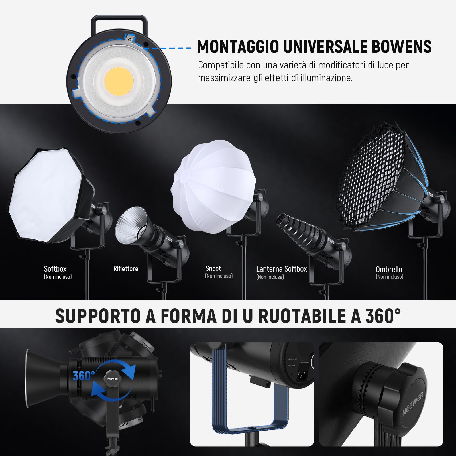 NEEWER CB200 210W Luce Video a LED con Controllo 2,4G/App, Illuminazione Continua COB a Luce Diurna da 5600K per Fotografia con 98500lux/m, CRI97+/TLCI97+, 9 Scene, Dimmerazione PWM, Attacco Bowens