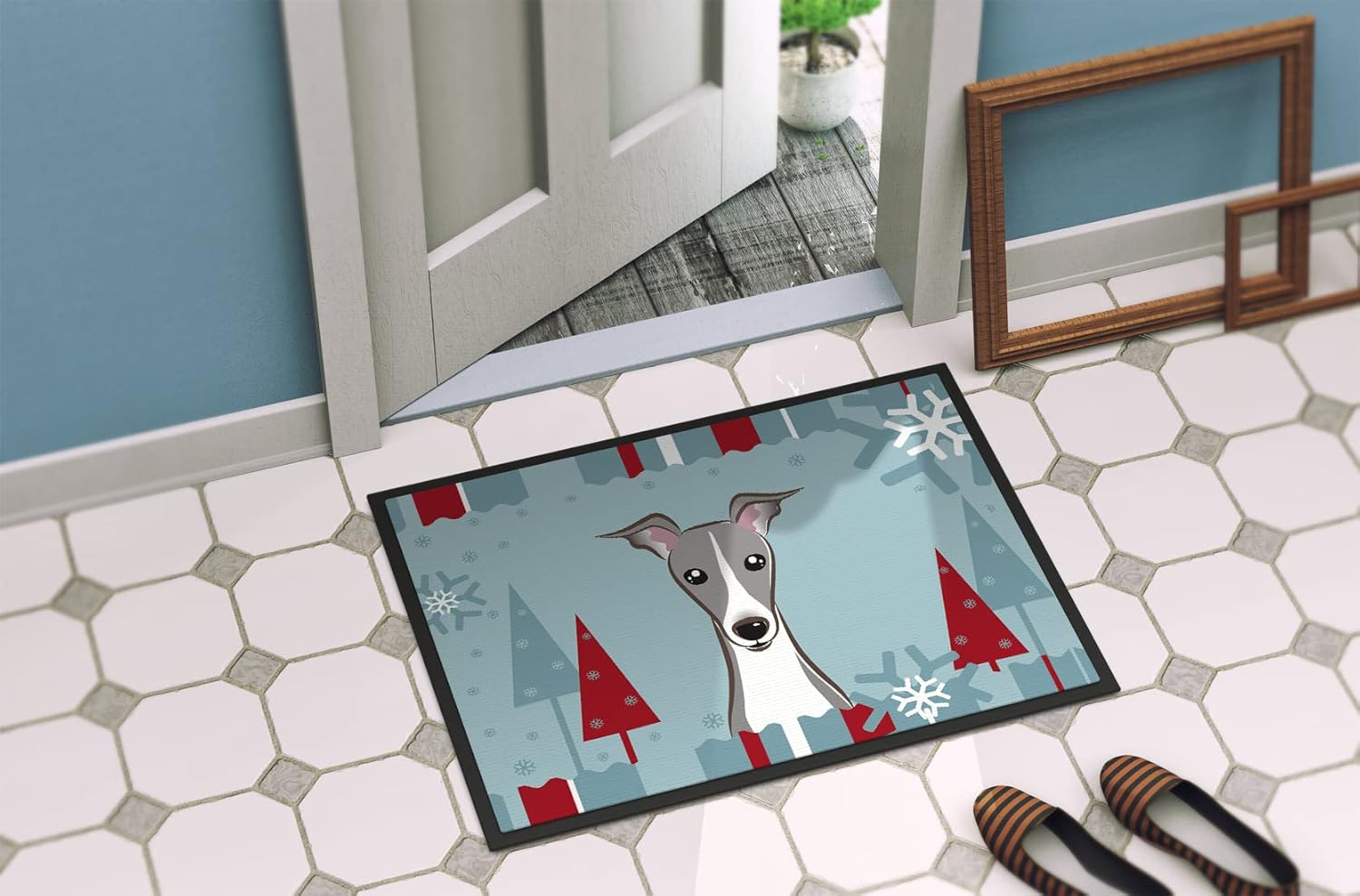 Caroline's Treasures BB1732JMAT Winter Holiday Italian Greyhound Doormat 24x36 Front Door Mat Indoor Outdoor Rugs for Entryway, Non Slip Washable Low Pile, 24H X 36W