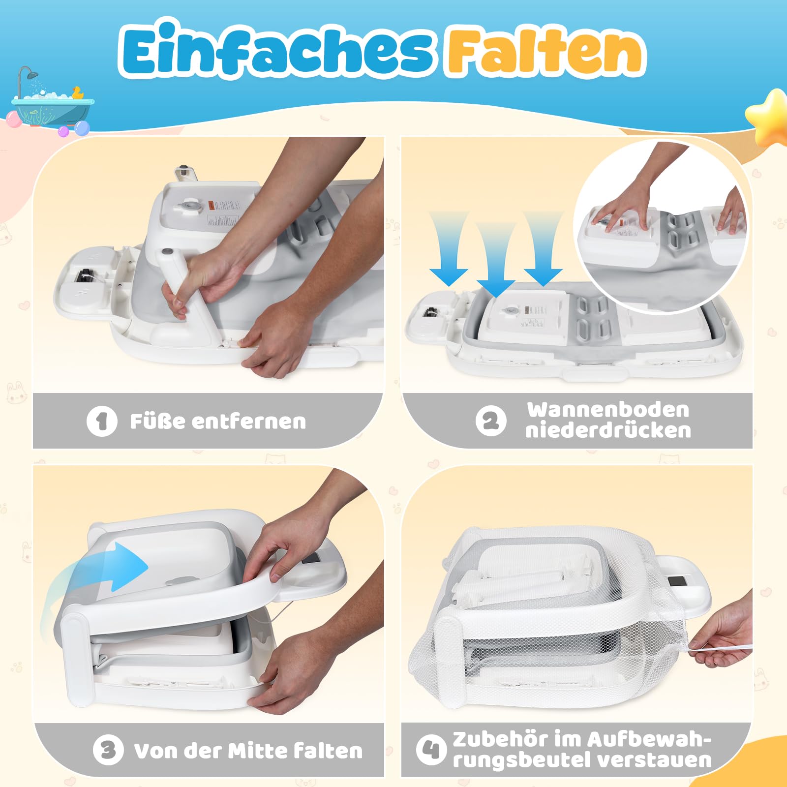Orzbow Baby Badewanne, Faltbare Babybadewanne mit Thermometer, Große Babywanne für Kinder 0-6 Jahre mit Weicher Polsterung, 3-in-1 Schale, Langlebig, Abflussloch, Ideal für Reisen, Groß XXl, Grau