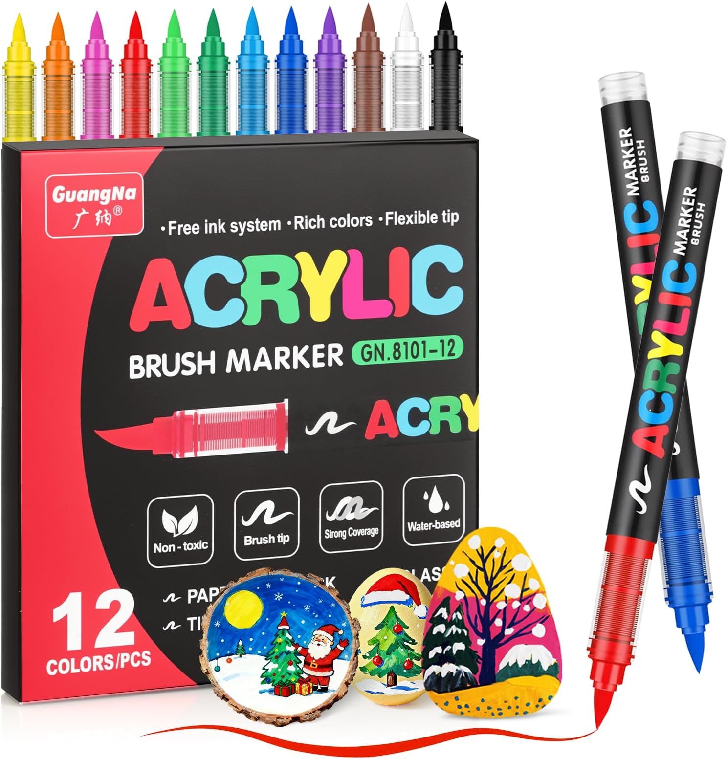 JRQ 12 Colors Acrylic Paint Markers, Brush Tip Paint Pens Acrylic Markers with Waterproof Long-Lasting Ink for Rock, Canvas, Fabric, Wood, Paper, Glass, Stone, Coloring Book DIY Crafts Art Supplies