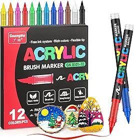 JRQ Marcadores de tinta acrílica de 12 cores, canetas de tinta de ponta de pincel, marcadores de acrílico com tinta impermeável de longa duração para rocha, tela, tecido, madeira, papel, vidro, pedra
