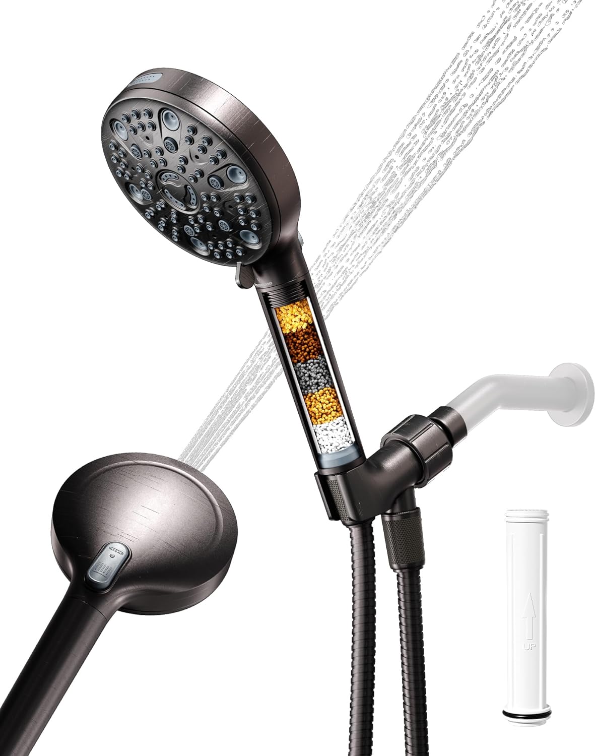 Filtered Handheld Shower Head for Hard Water, High Pressure Showerhead with 7 Spray Modes, Power Jet & Pause, Detachable & Adjustable for Healthier Skin & Hair - Oil Rubbed Bronze (VMASSTONE HM-003)