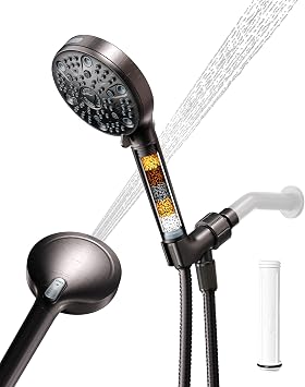 Filtered Handheld Shower Head for Hard Water, High Pressure Showerhead with 7 Spray Modes, Power Jet & Pause, Detachable & Adjustable for Healthier Skin & Hair - Oil Rubbed Bronze (VMASSTONE HM-003)