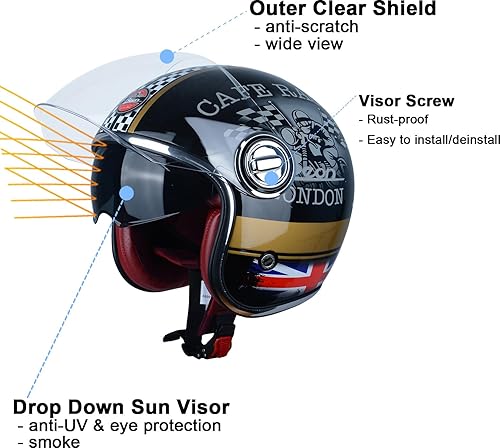 Miniatura 2 de Casco de motocicleta de cara abierta para adultos, aprobado por DOT, casco vintage 34 medio Vespa con doble visera para hombres y mujeres