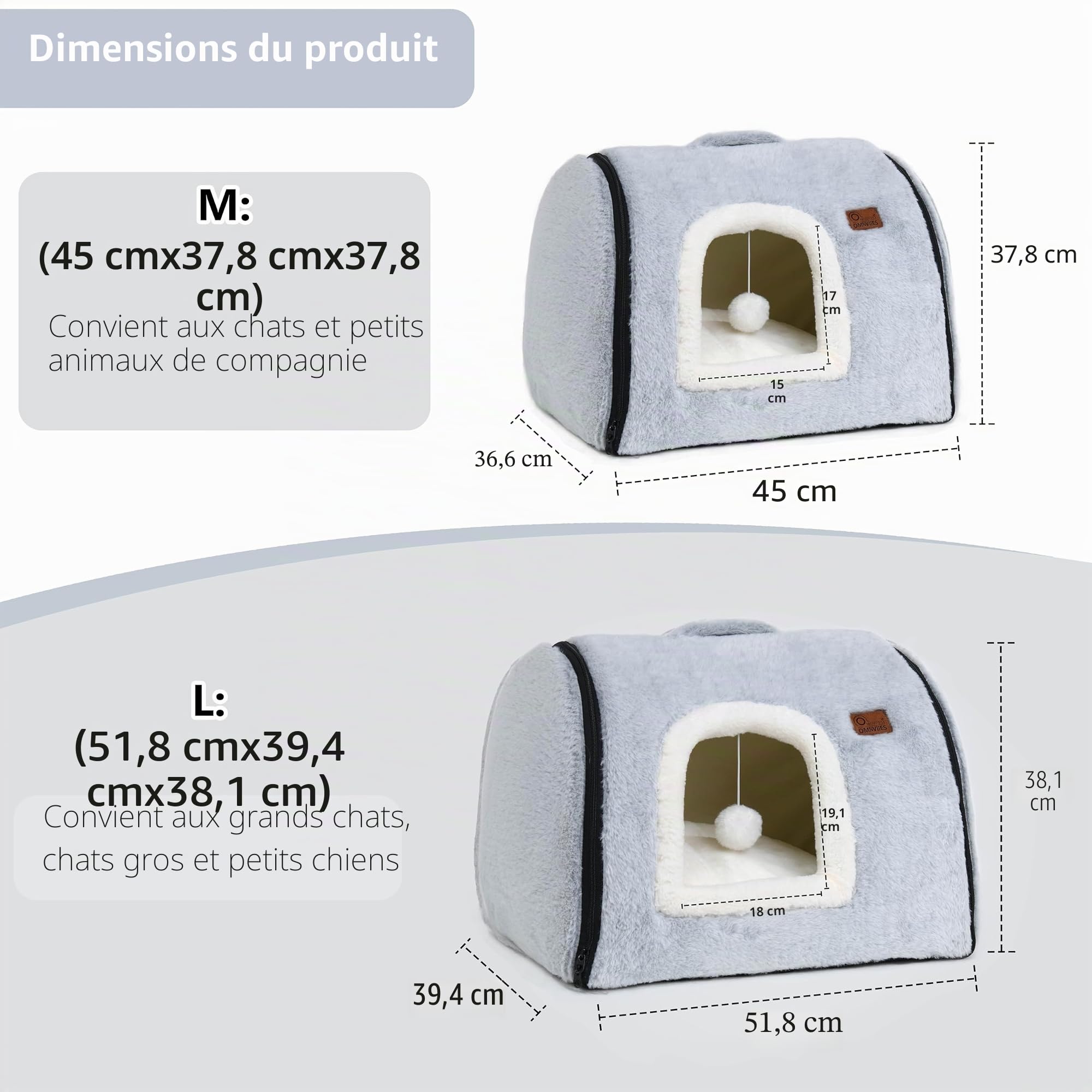 Lit pour Chat d'intérieur Doux et Confortable, avec Coussin rembourré Amovible et Lavable, lit fermé pour Chat, cachette, Tente pour Petit Chien (Gris)