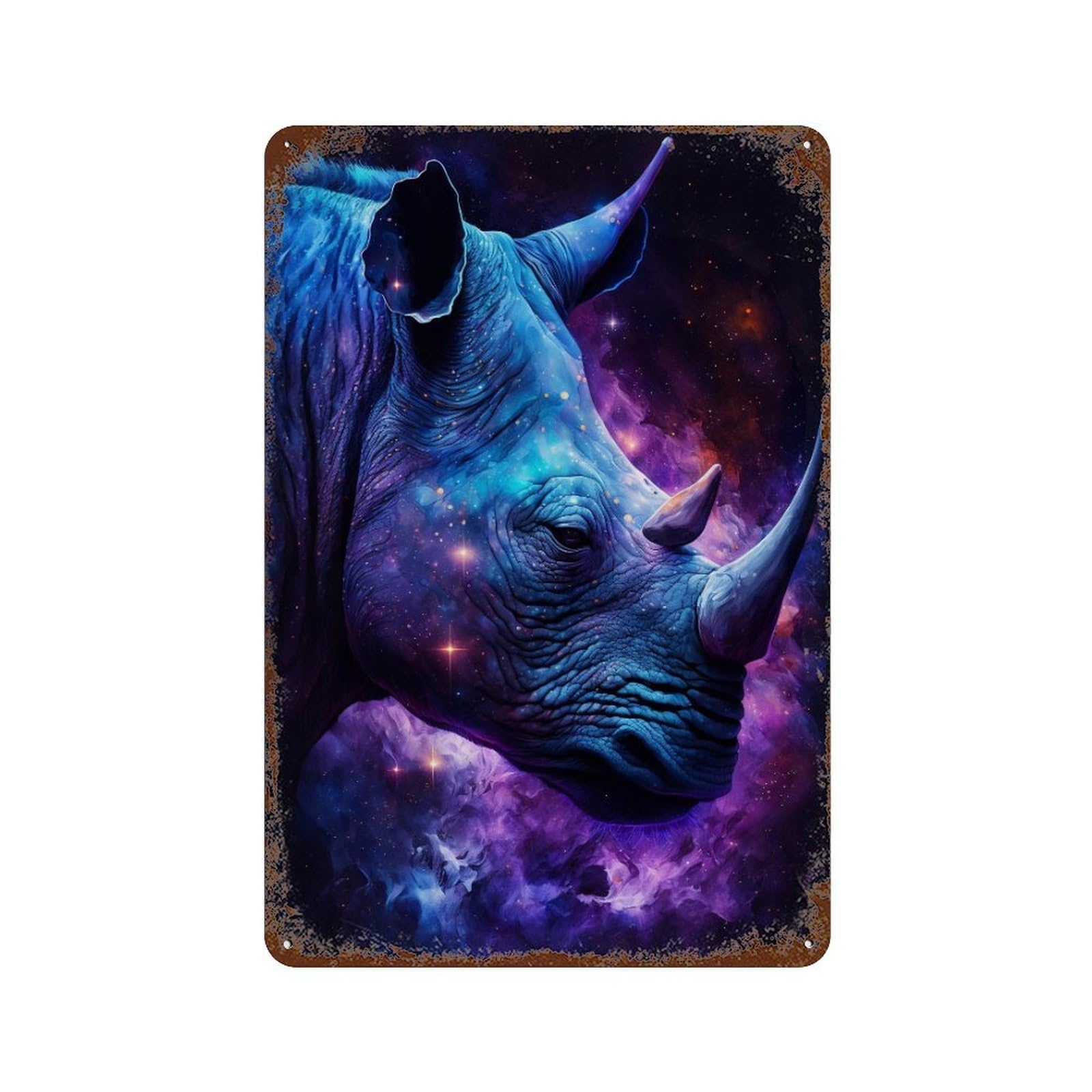 Distressed Metal Wall Sign with Galactic Rhino Portrait -4 Design 11.8"x7.9", for Shed, Workshop And Garage Wall Decor, Decorative Metal Wall Art