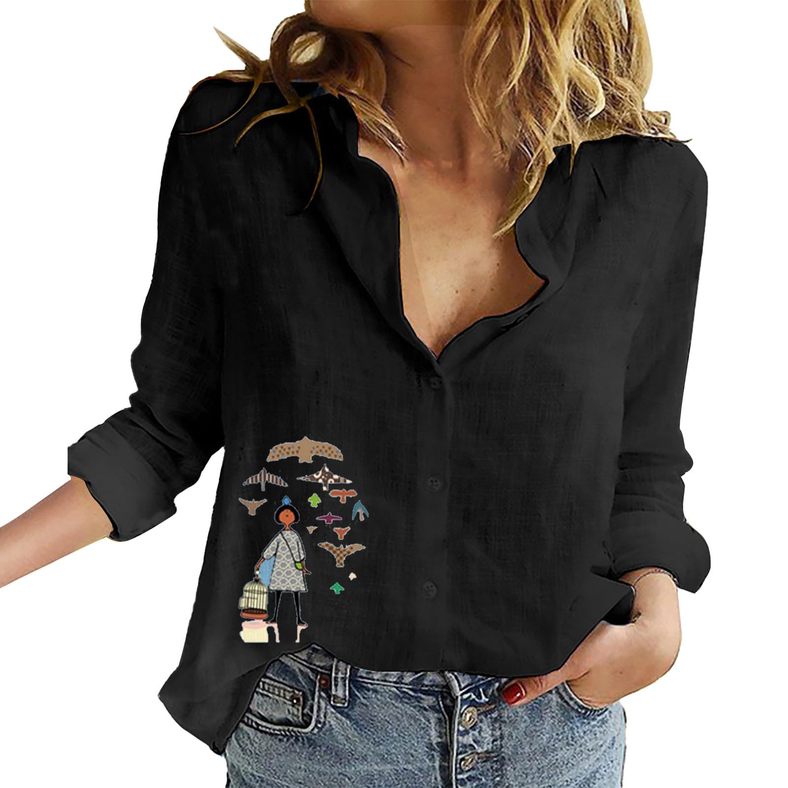 Generic Camisa de lino para mujer, blusa de algodón y lino, monocolor, blusa con solapa, camisa de lino de un solo pecho, tallas grandes, manga corta, cuello de pico, blusa de gran tamaño, camiseta de manga