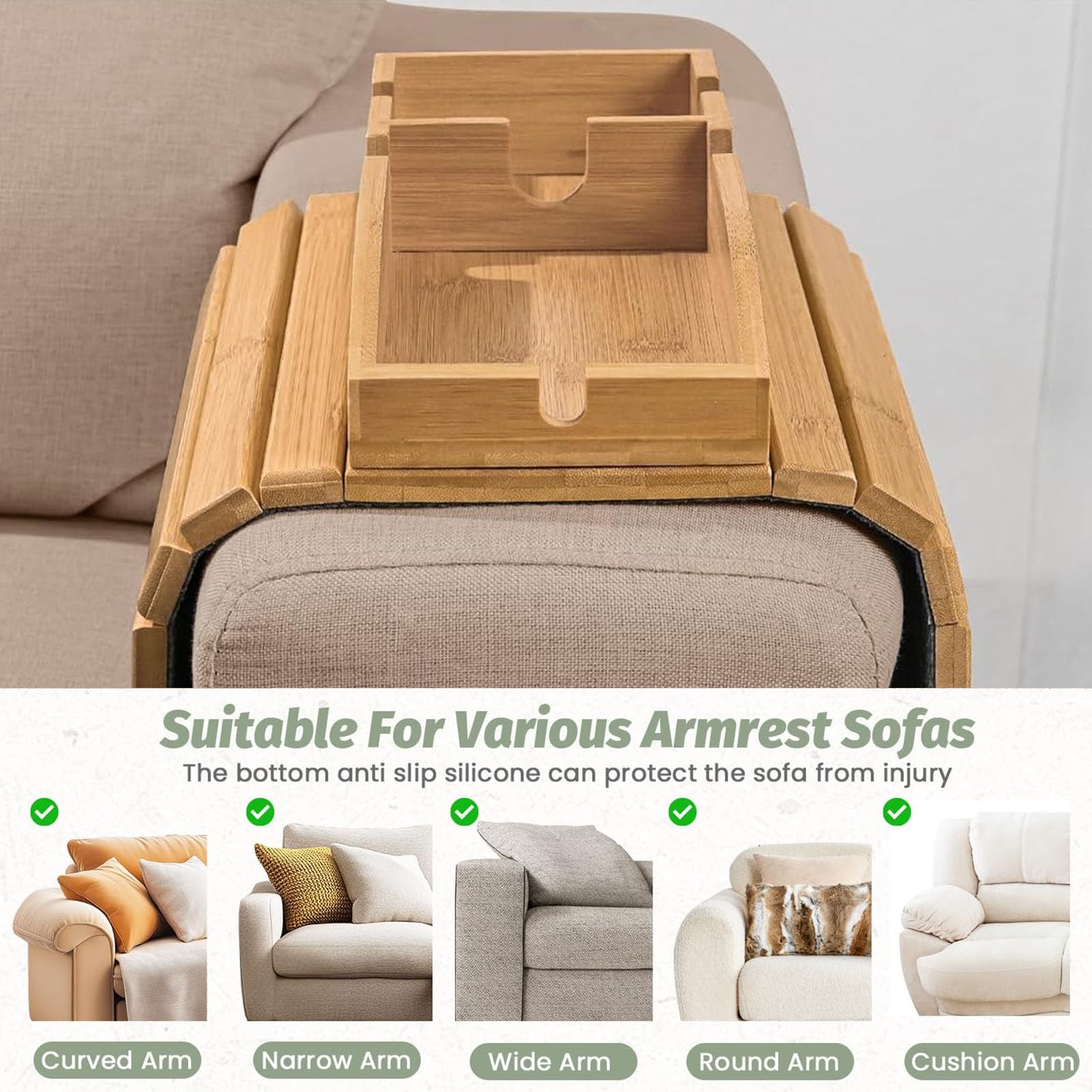 MARUKO Bandeja de brazo de sofá, regalos de Navidad y Acción de Gracias, soporte magnético desmontable 3 en 1 de bambú para sofá, mesa con almohadilla antideslizante, mesa de bandeja para reposabrazos