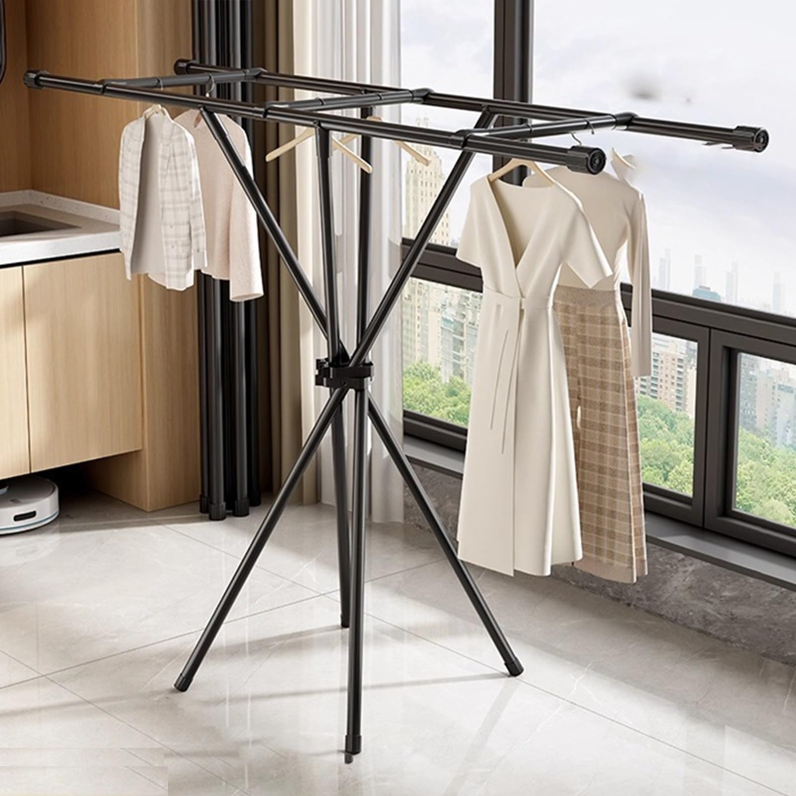 Yaohy Black Foldable Clothing Rack, Multifunctional Expandable Rack For Hanging Clothes, Space-Saving Clothes Rack For Balcony Indoor Laundry Drying(,Three Crossbeams)
