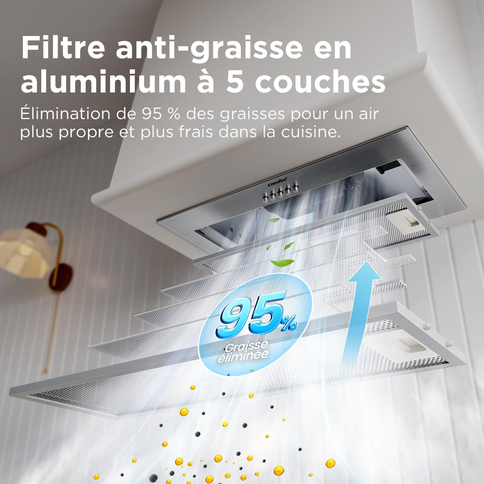 COMFEE' BIHT17SS-52 Hotte aspirante encastrable, Puissance d'aspiration de 400 m³/h, 3 vitesses, avec filtre en aluminium à 5 couches, 52 cm, LED, Argent