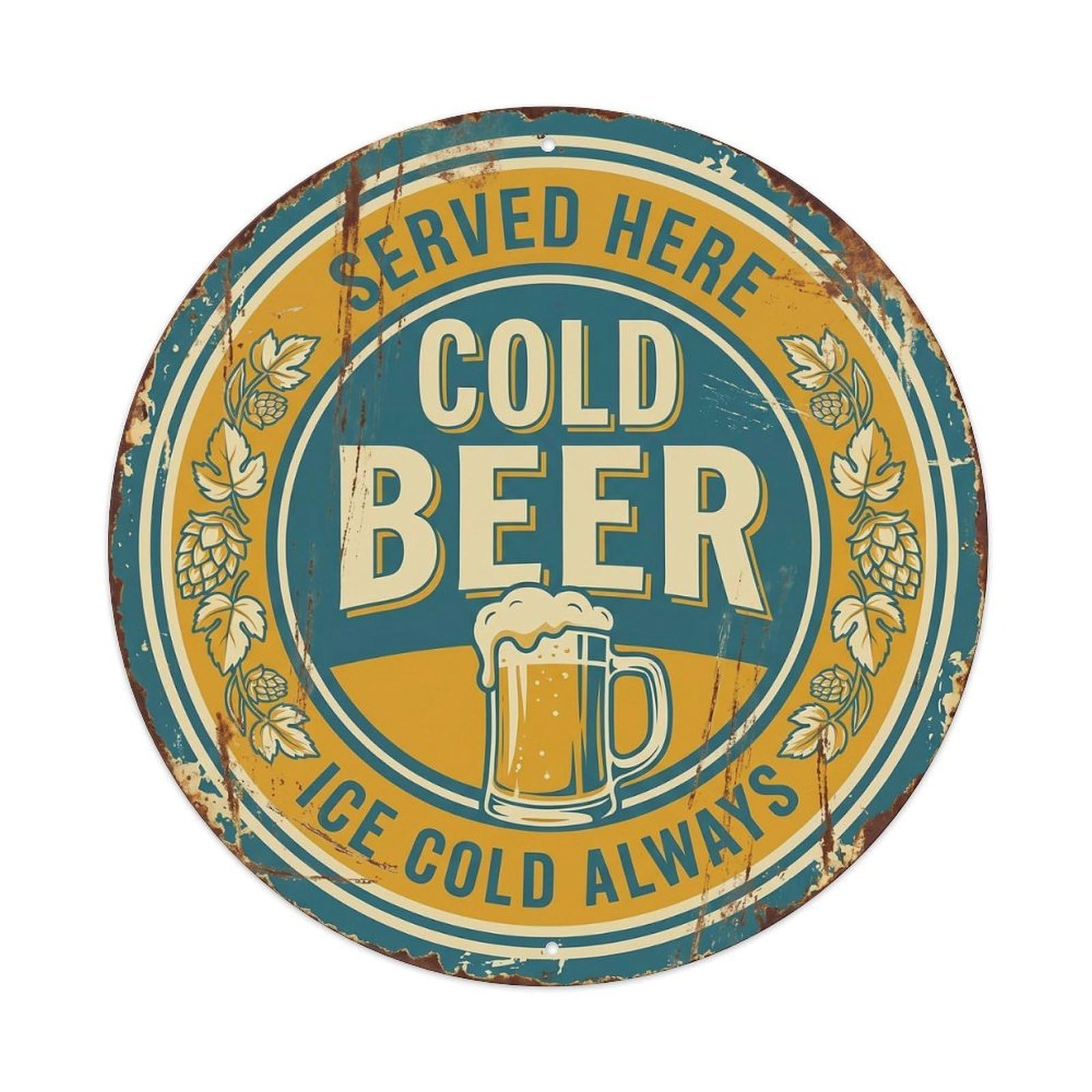 Yrnq Vintage Style Cold Beer Served Here Vintage Round Bar Decor Retro Slogans Vintage Metal Tin Sign Plaque Wall Decor For Cafe, Club, Garden Round Metal Poster 8X8inch