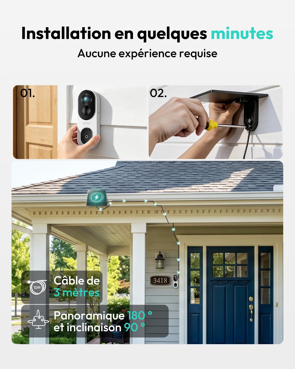 BOTSLAB Sonnette sans Fil Extérieure Étanche 2K avec Panneau Solaire, Sonnette Vidéo Alimentation Continue Vue Tête-Pieds 1:1, Audio Bidirectionnel, Détection Humaine, WiFi 2,4 GHz