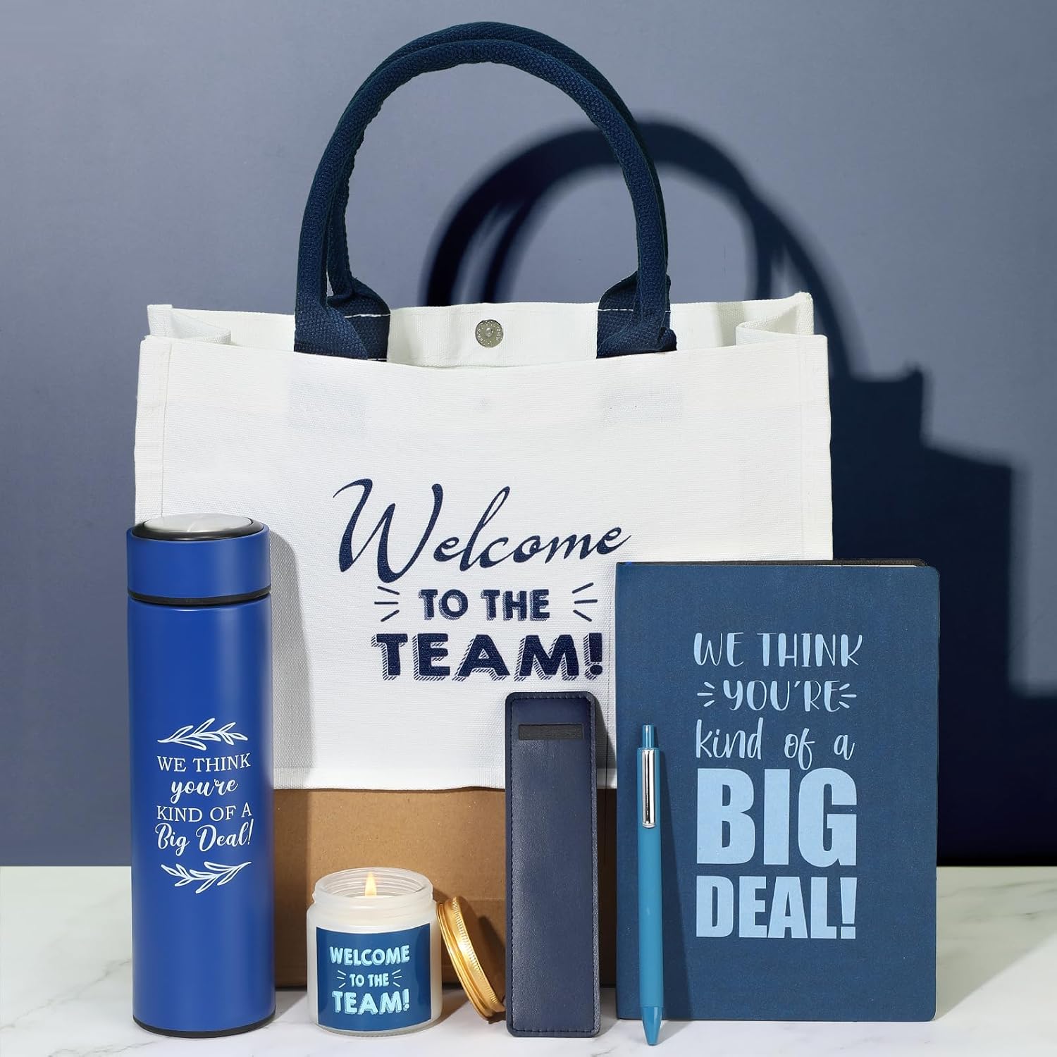 Thenshop 6 Pcs Welcome to the Team Gift Set, New Employee Welcome Gifts Including Tote Bag, Notebook, Pen, Scented Candle, Tumbler, and Pen Cover for Men Women New Employees, Coworkers (Dark Blue)