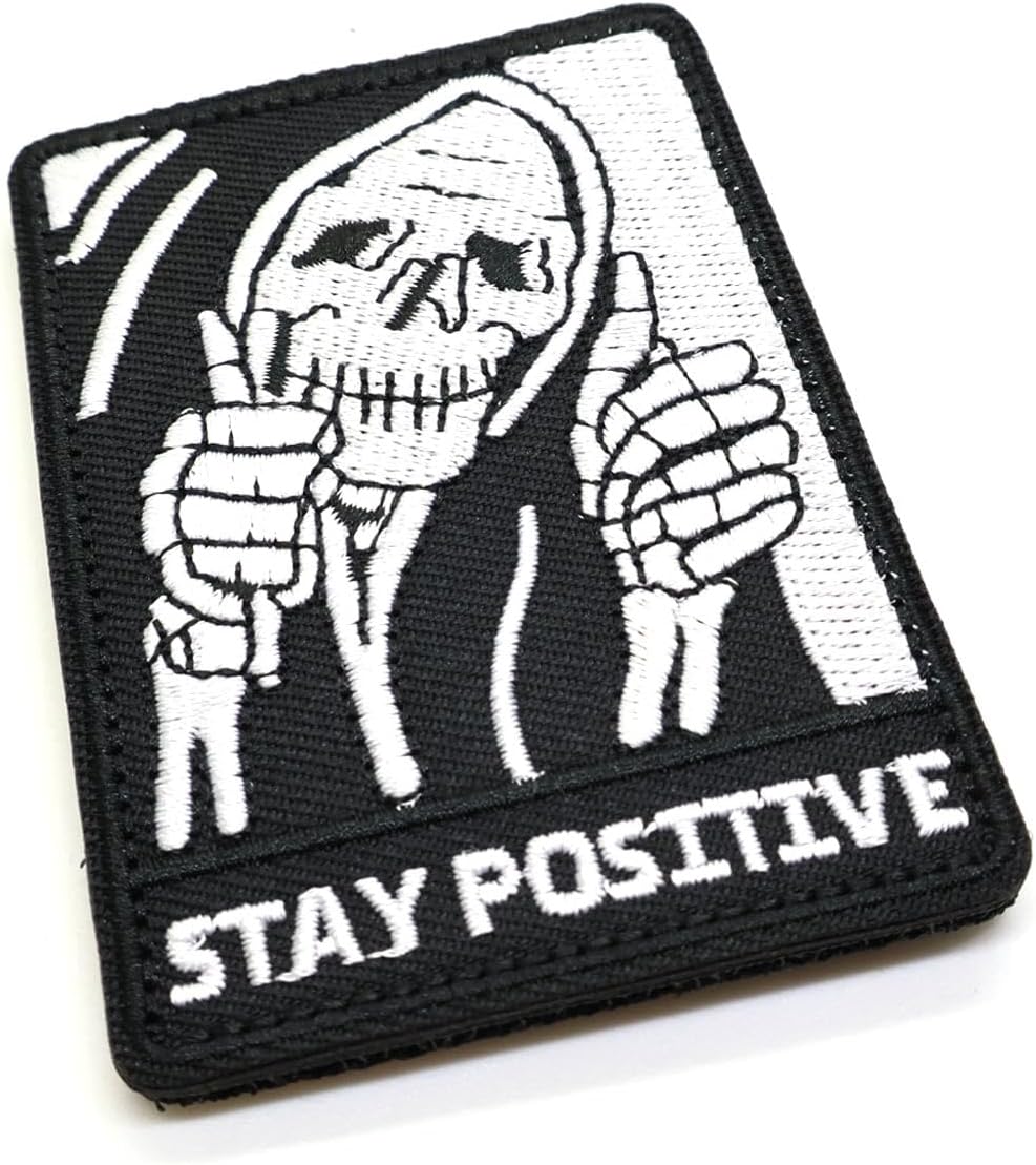 Stay Positive Morale Patch w Skull Grim Reaper Skeleton Hook and Loop Fabric Playing Card Death Badge 8cm x 5.5cm British Forces Airsoft Black