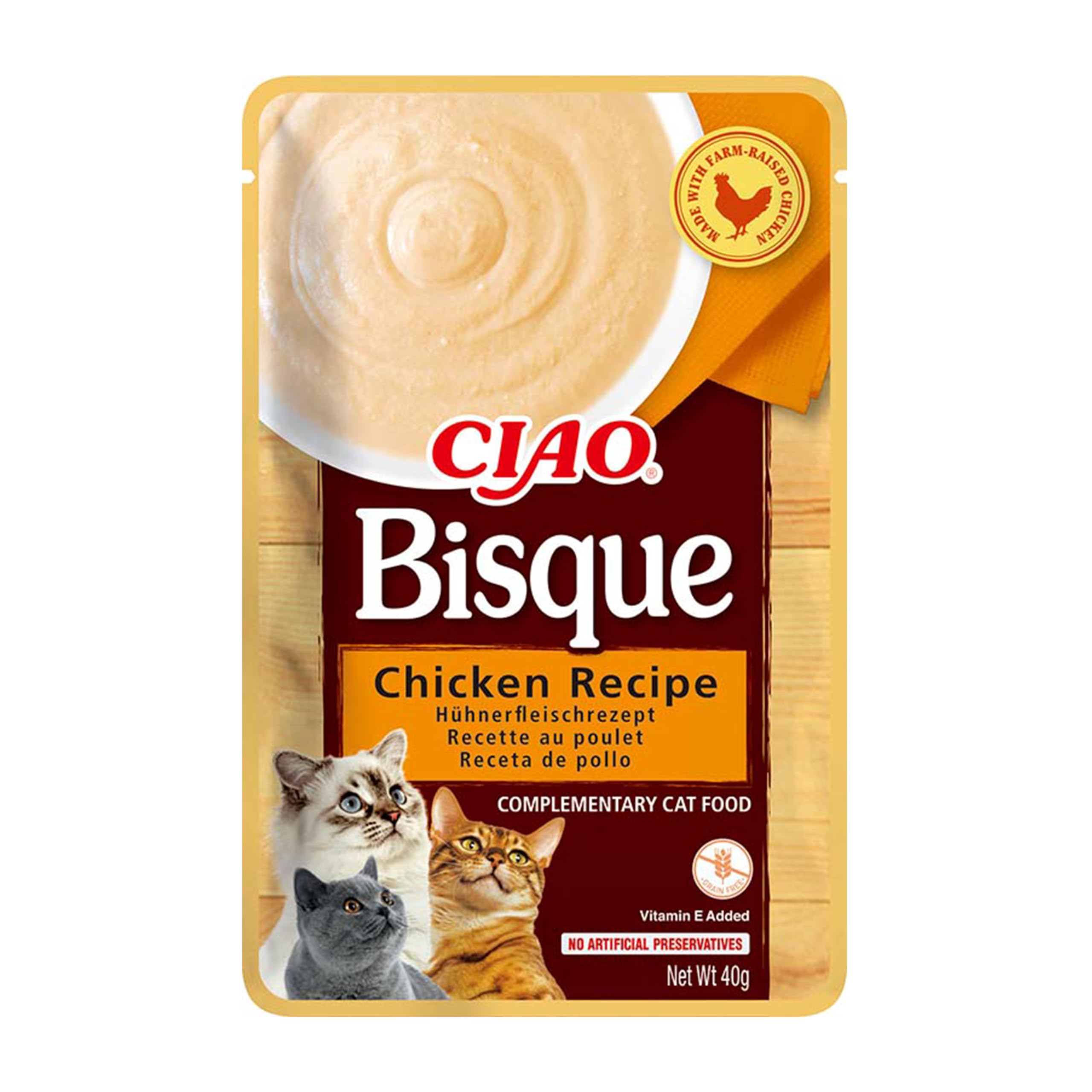 INABA Churu Bisque - Puré para Gatos - Snacks Receta Pollo - Premios Cremosos Saludables - Sin Cereales, Conservantes, Colorantes - Sólo 16 Calorías - 40g
