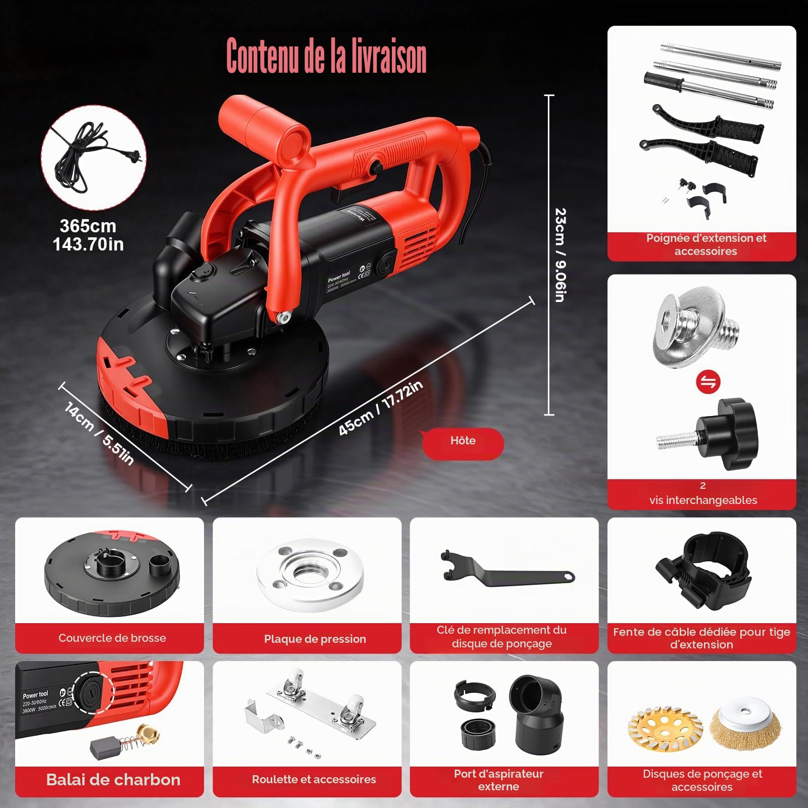 Broyeur à Béton 3800W, 6 Vitesses Broyeure de Fraisage avec Meule Diamant 180mm, 5000 RPM Broyeur de Sol pour Enlèvement Colle Carrelage Peinture, Outil Rénovation Mur