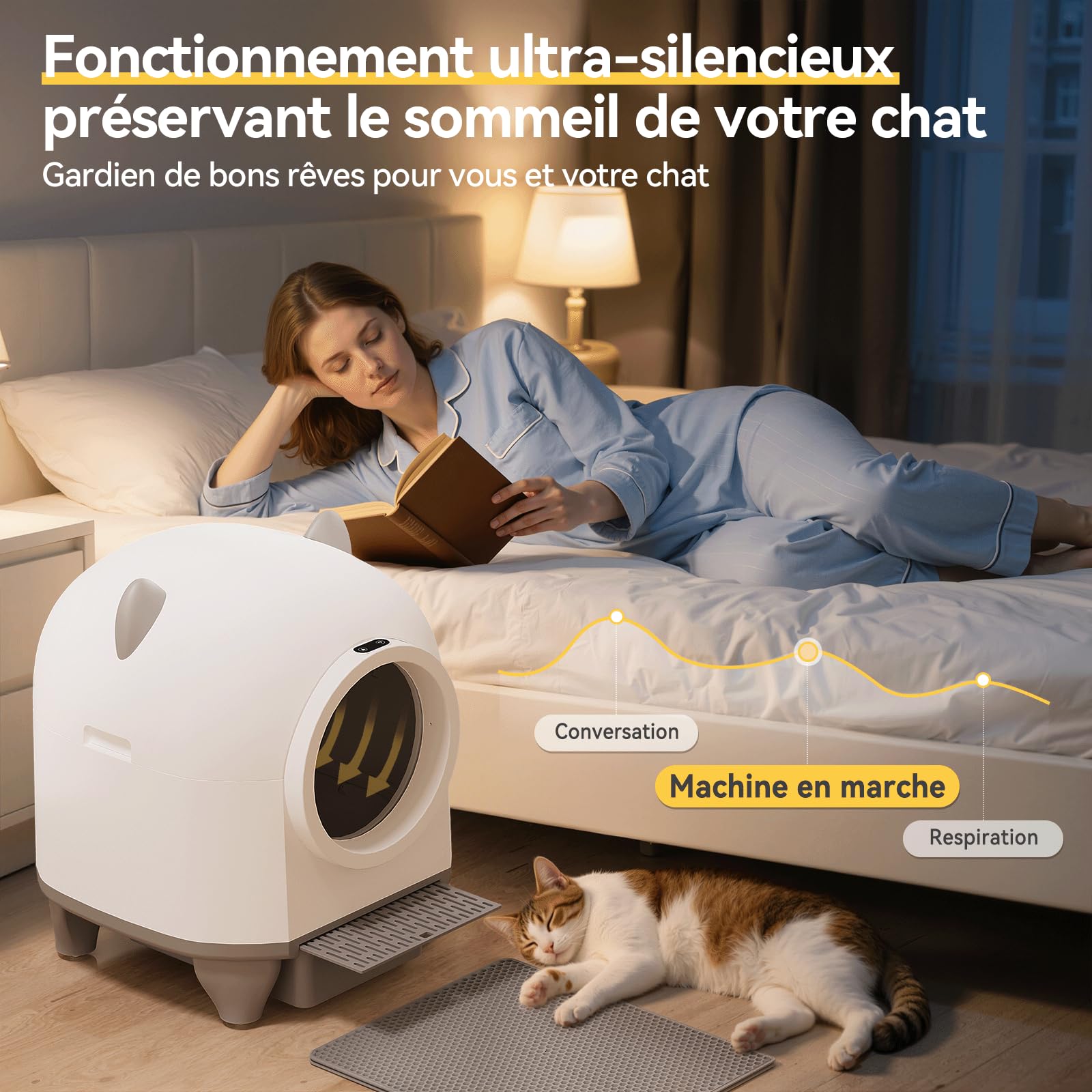 JUMMICO Bac à litière automatique autonettoyant 90L XXL, Contrôle intelligent par application, Système de sécurité anti-pincement, Surveillance de la santé, Double élimination des odeurs, Avec tapis à