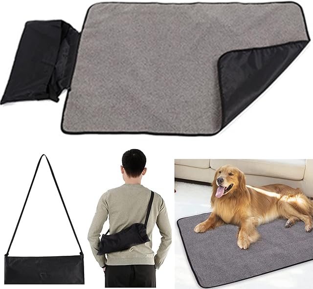 Dog Mat Portable Pet Throw Blanket Dog Travel Mat Reversible Floor Mat for Pet, with Storage Bag Silicone Folding Bowl, Large Washable Dog Bed Cushion Pet Mattress 100x70 for Dog Puppy Cat(Black)