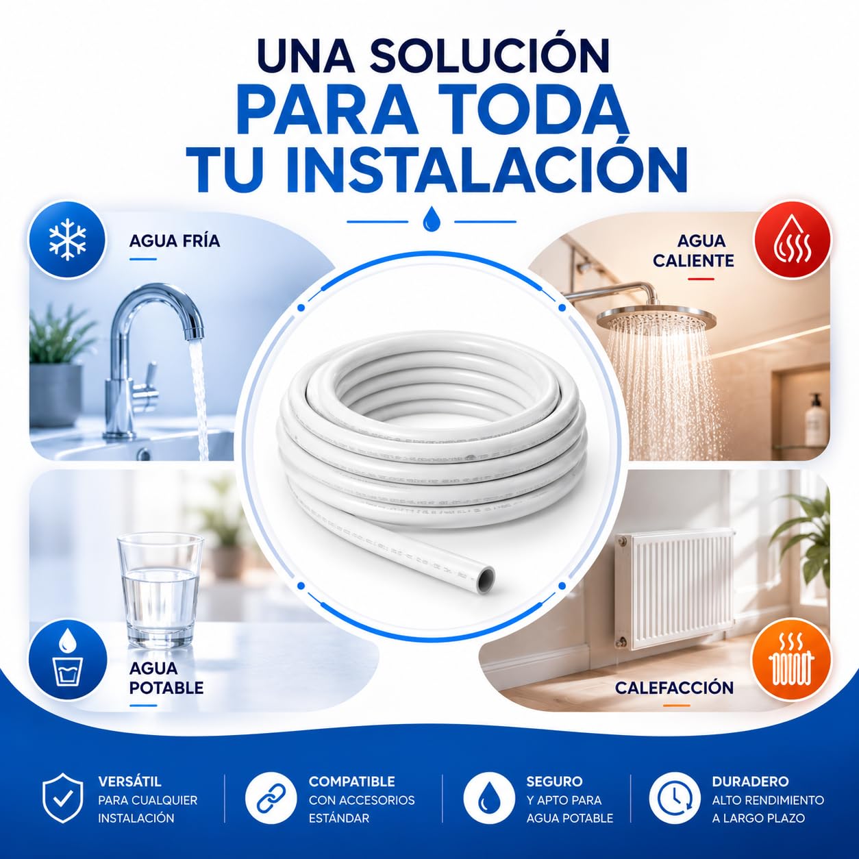 Tubo Multicapa por Metros para Fontanería, Agua Potable y Calefacción | Disponible en 1 m y 5 m | Tubería Multicapa Flexible 16 mm, 20 mm, 25 mm y 32 mm (16mm, 500, Centímetros)