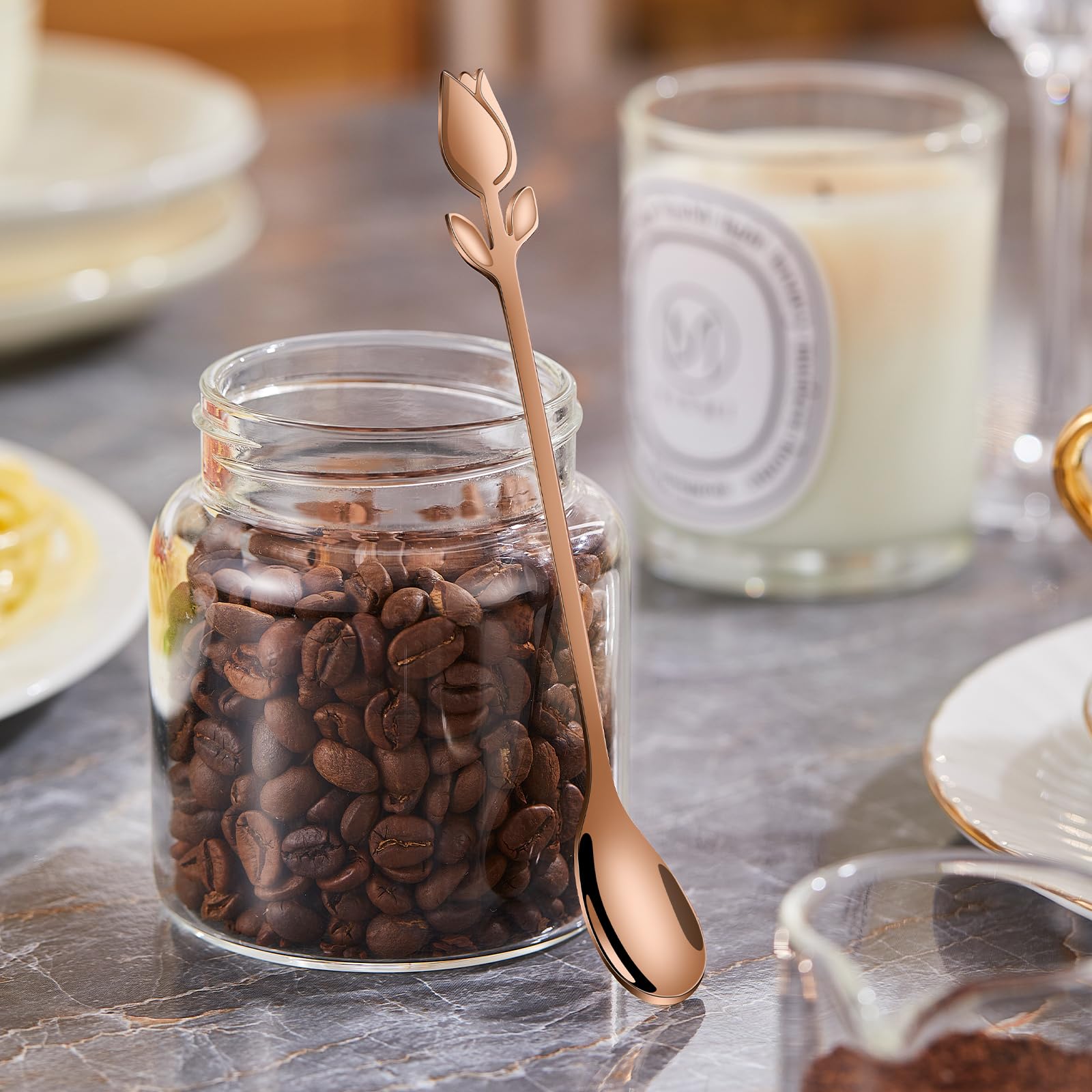 Juego de 12 mini cucharas de café con mango de tulipán de oro rosa, acero inoxidable de 6 pulgadas para espresso, té, postre, ideal para demitasse y porciones pequeñas