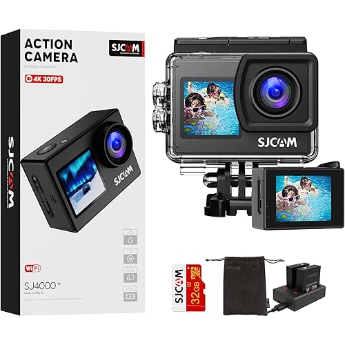 SJCAM Upgraded SJ4000 WiFi Action Camera 4K Ultra HD Dual Screen, 98FT Underwater Waterproof Camera 170° Wide-Angle Action Cam with 2 Batteries, SD Card&Accessories Kit for Helmet, Bicycle Skiing etc
