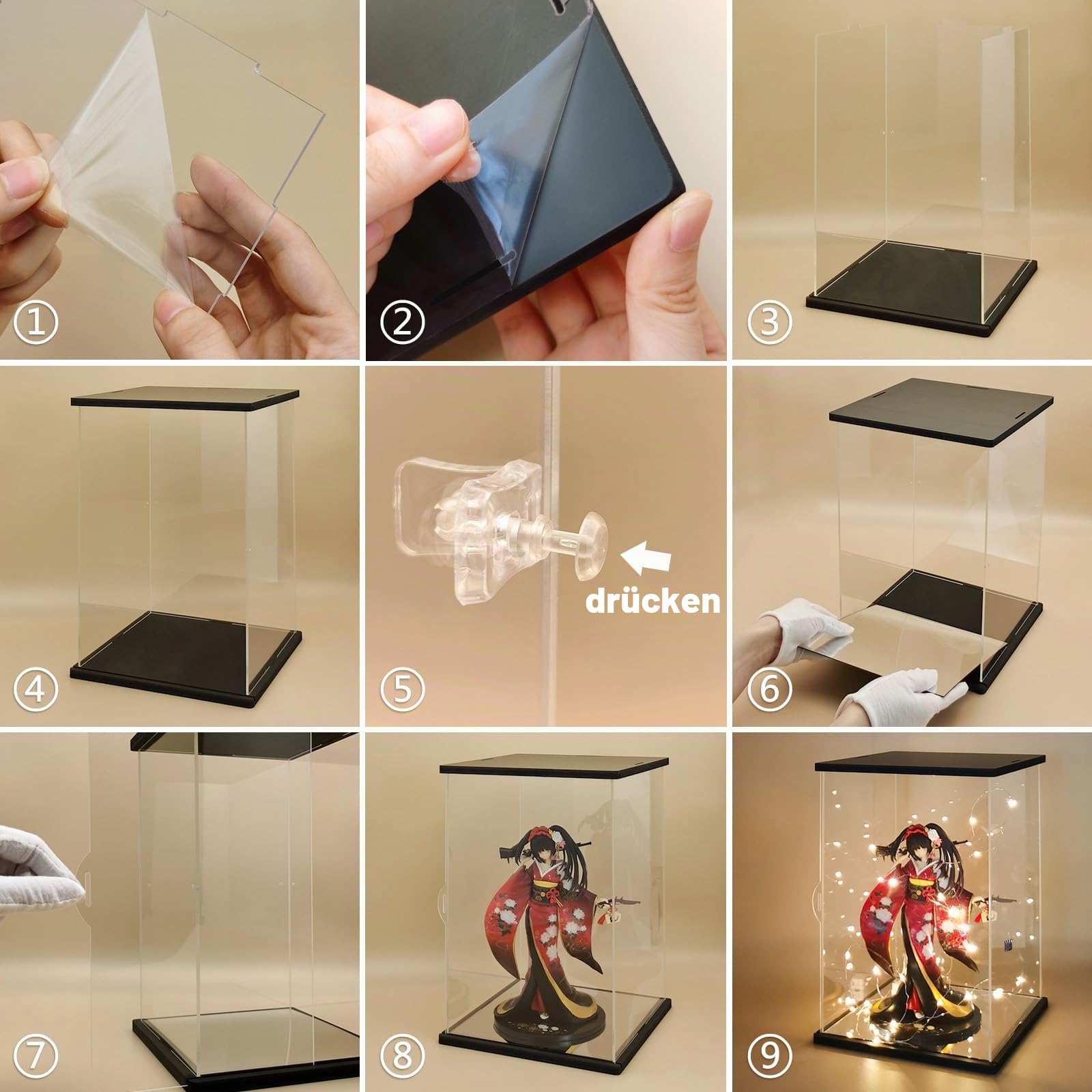 Nonemey Acryl Vitrine / Schaukasten mit LED Licht & Fernbedienung – staubdichte Display Case Box für Sammlerstücke,Figuren & Collectibles-Schwarz, 25x20x42cm