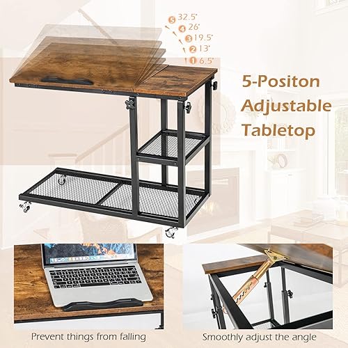 Miniatura 6 de Tangkula Mesa auxiliar en forma de C ajustable en altura con ruedas con cerradura, mesa de escritorio móvil con mesa inclinable, soporte para sofá,