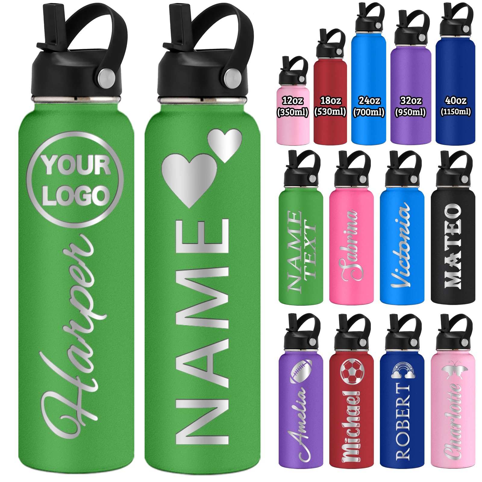 Personalised Water Bottle Engraved with Name Logo Customised 350/530/700/950/1150ML Stainless Steel Double-Wall Insulated Water Bottles with Straw Lid Handle Gifts for School Sport Office