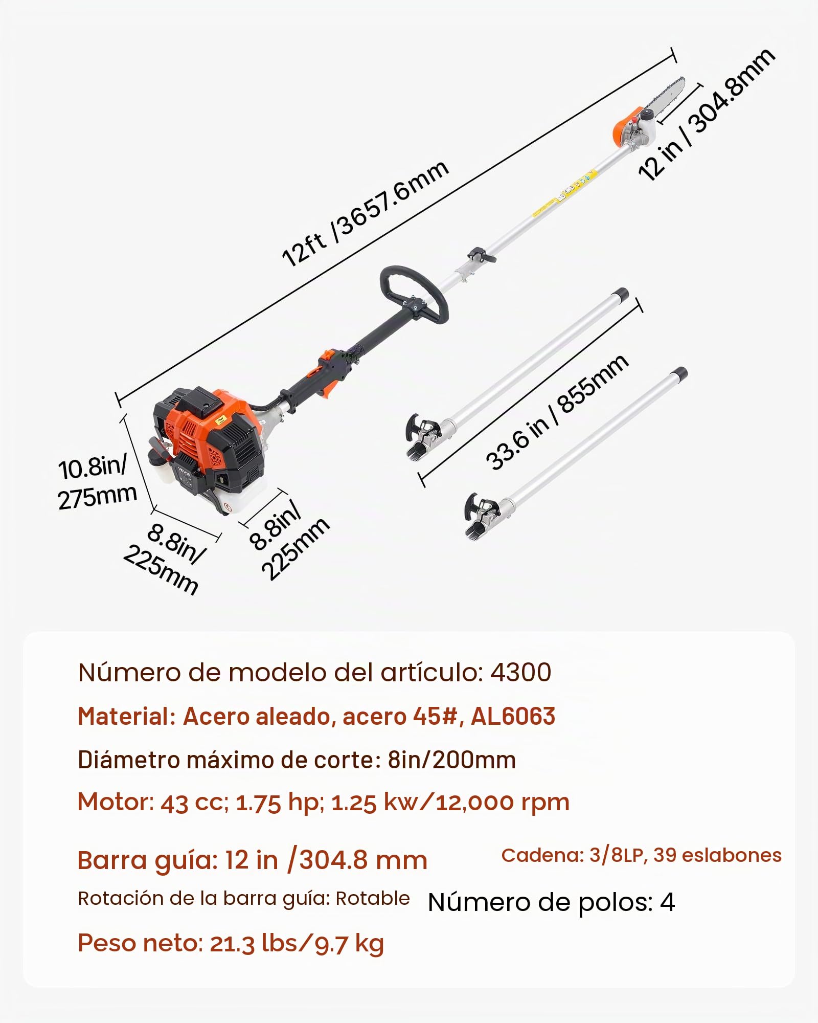 VEVOR Motosierra de Pértiga a Gasolina, Motosierra Inalámbrica de 43 CC y 2 Tiempos con Barra de Corte de 25,4 cm, Cabezal Giratorio, y Extensible de 2,16 a 3,66 m para Podar Árboles, Naranja