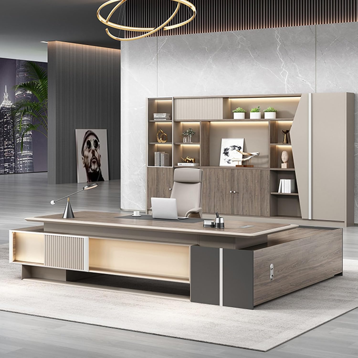 Grey L Shaped Executive Office Desk Computer Desk with Lateral Cabinet Writing Study Table Business Furniture Set for CEO Boss