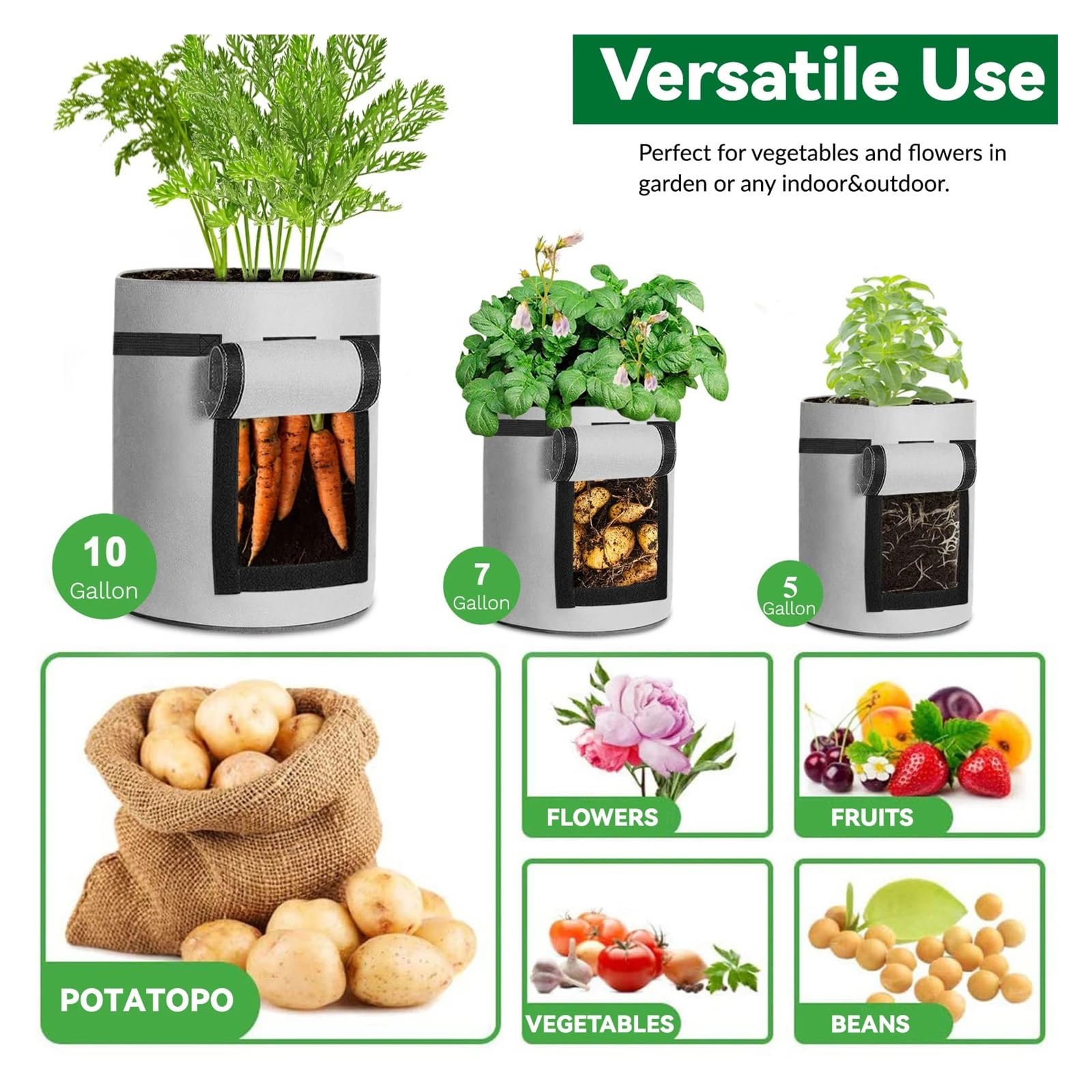 Macetas de Tela 5/7/10 galones, Bolsas Cultivo Gruesas no Tejidas for jardín, Vegetales, Tomates, Patatas, Herramienta con Mango, 2 uds para Cultivar Frutas(Grey,10 Gallon)