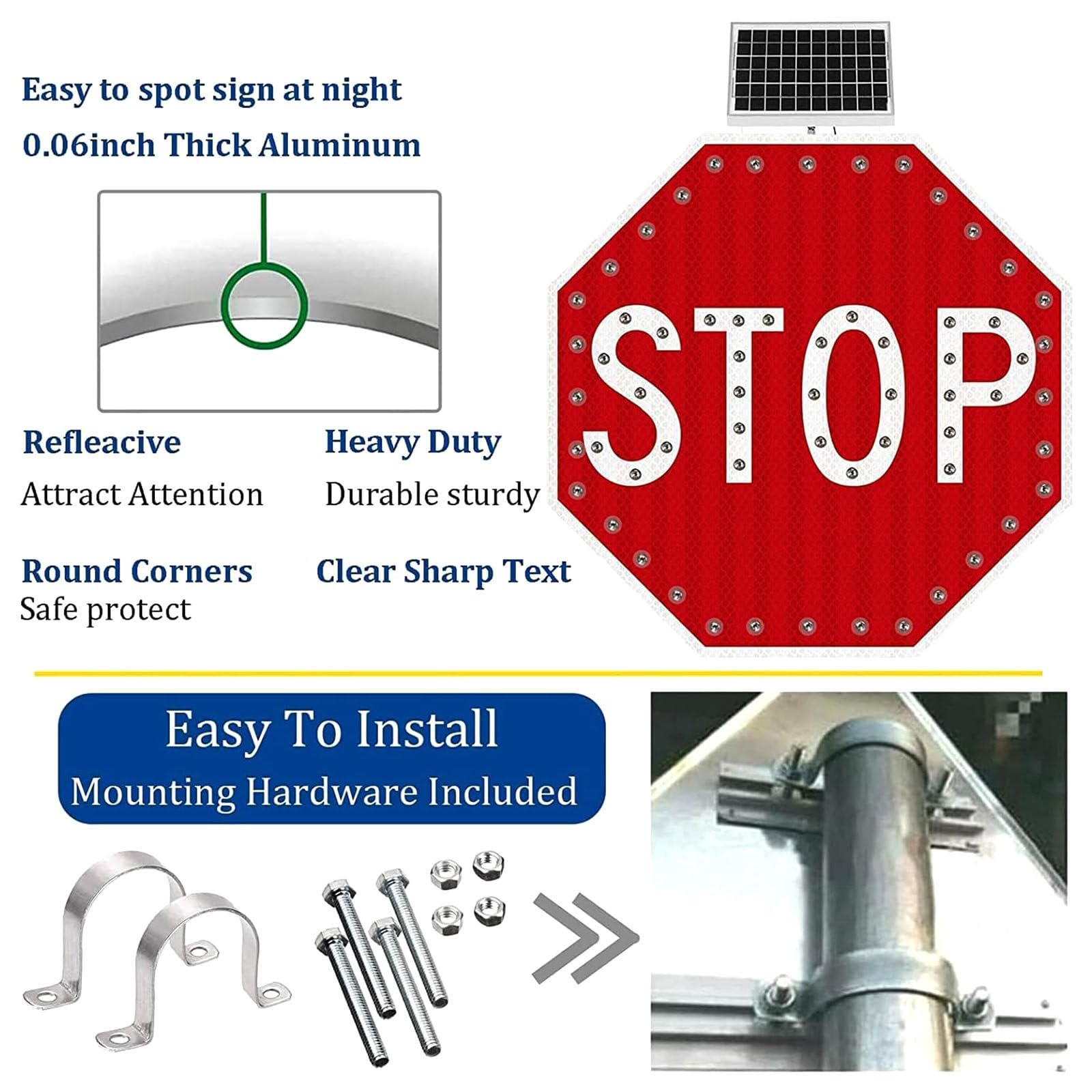 Señal de Stop con Energía Solar y LED Parpadeantes - Luz de Advertencia 24/7, Señal Exterior de 60×60cm, Sensor Automático de Anochecer/Amanecer para Intersecciones y Campus