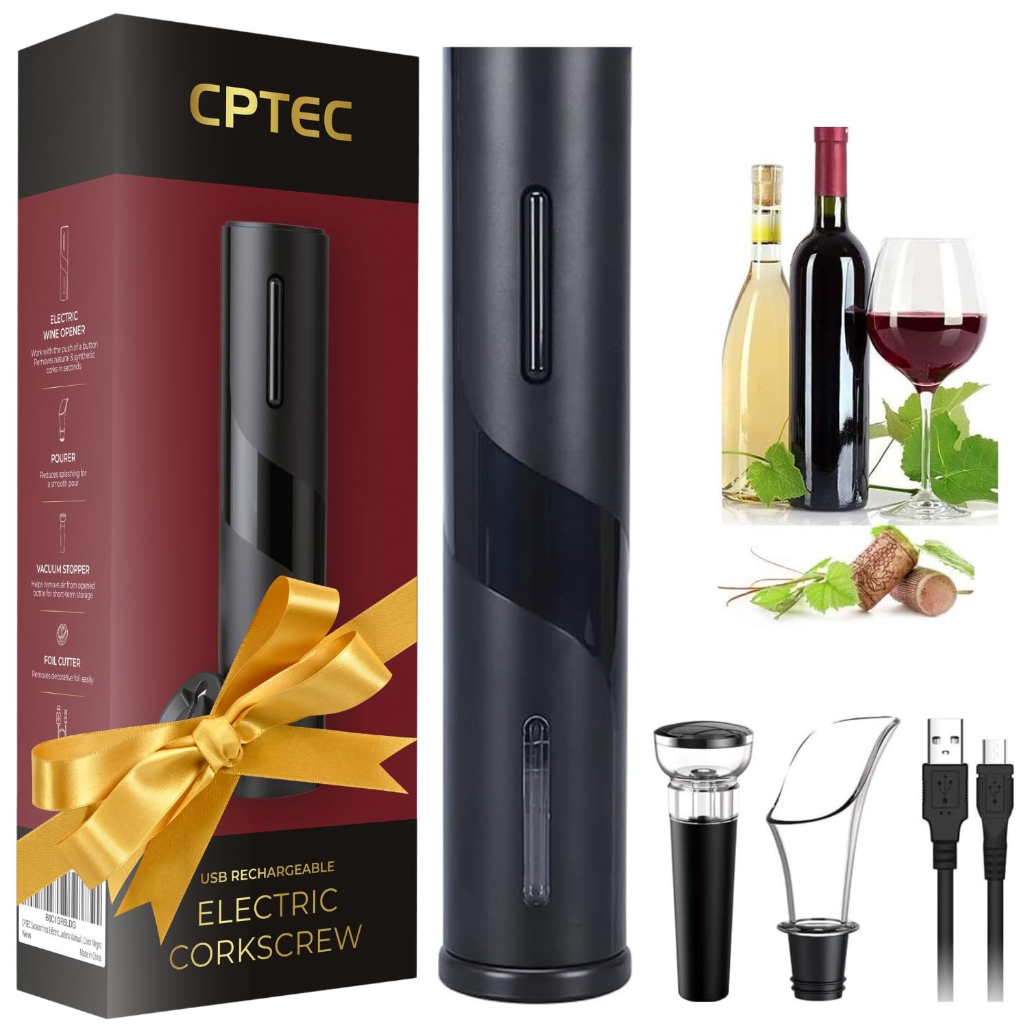 Tire Bouchon Electrique Rechargeable, Ouvre Bouteille Automatique, Coupe-Capsule, Chargeur USB, Verseur Aérateur, Bouchon à Vide, Coffret Cadeau Homme