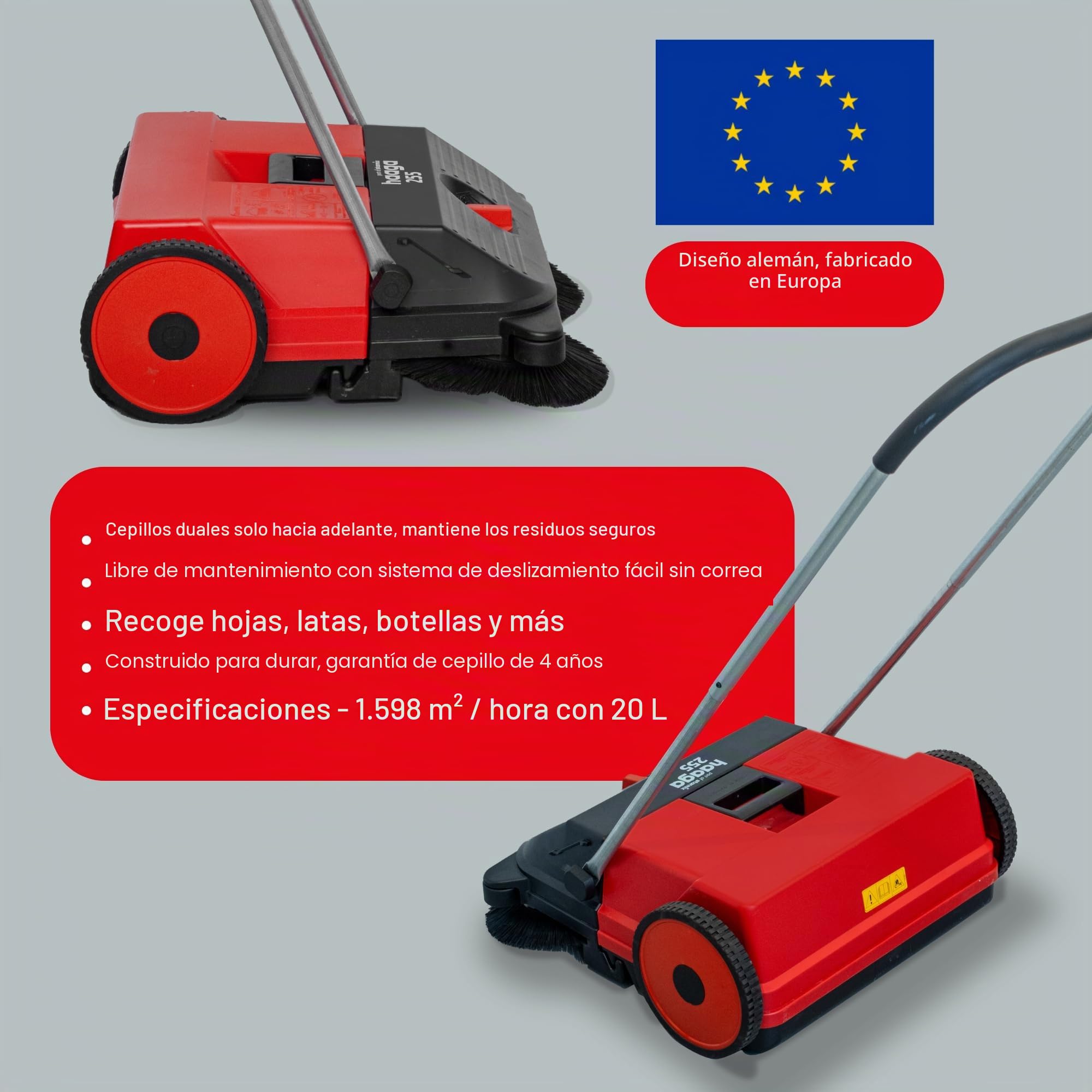 Haaga 255 - Barredora Manual con Sistema de Barrido Turbo, Capacidad de Barrido 1600 m²/h, Capacidad del depósito 20 litros