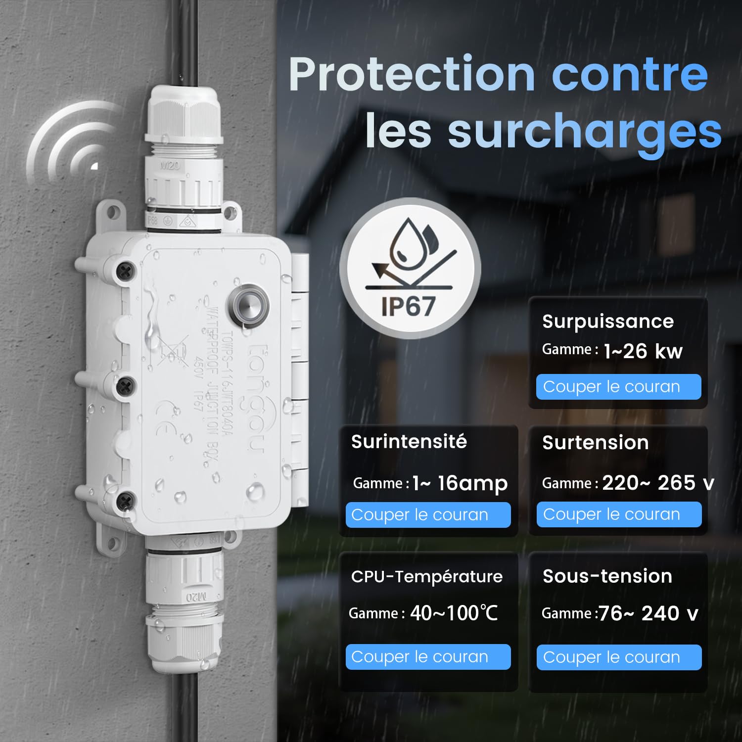TONGOU Smart life - Interrupteur 1 ~ 16 A, télécommande Wi-Fi, contrôle vocal, IP67, boîte de dérivation étanche avec mesure de consommation d'énergie, protection contre les surcharges