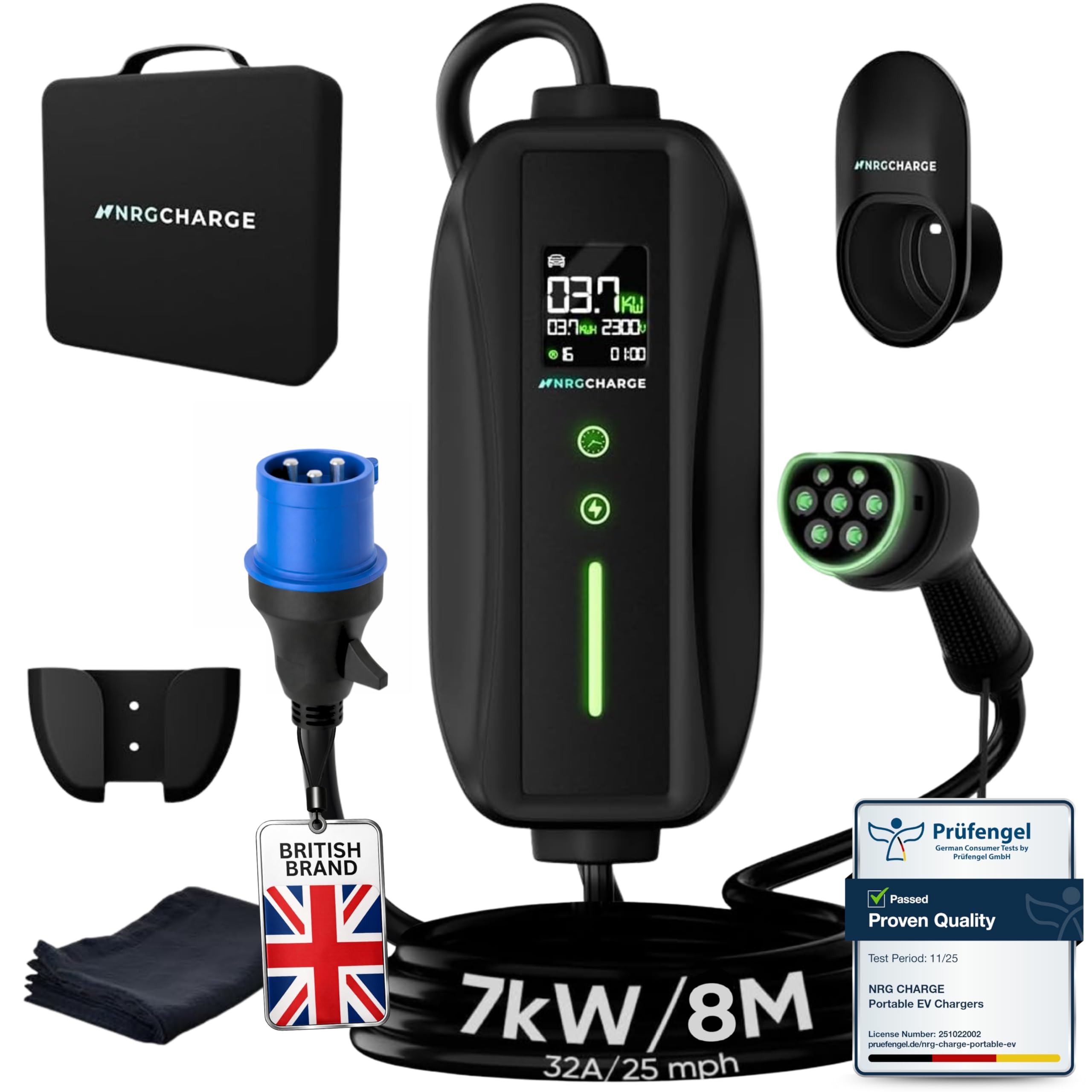 EV Charger CEE 32A Plug | Portable EV Charger Type 2, 3-7kW | Single Phase, Cabel, 6-32A | Electric Car Charger | Home Car Charger | Fast Charging, Compact, Travel-Friendly (7kW, 8 Meter)