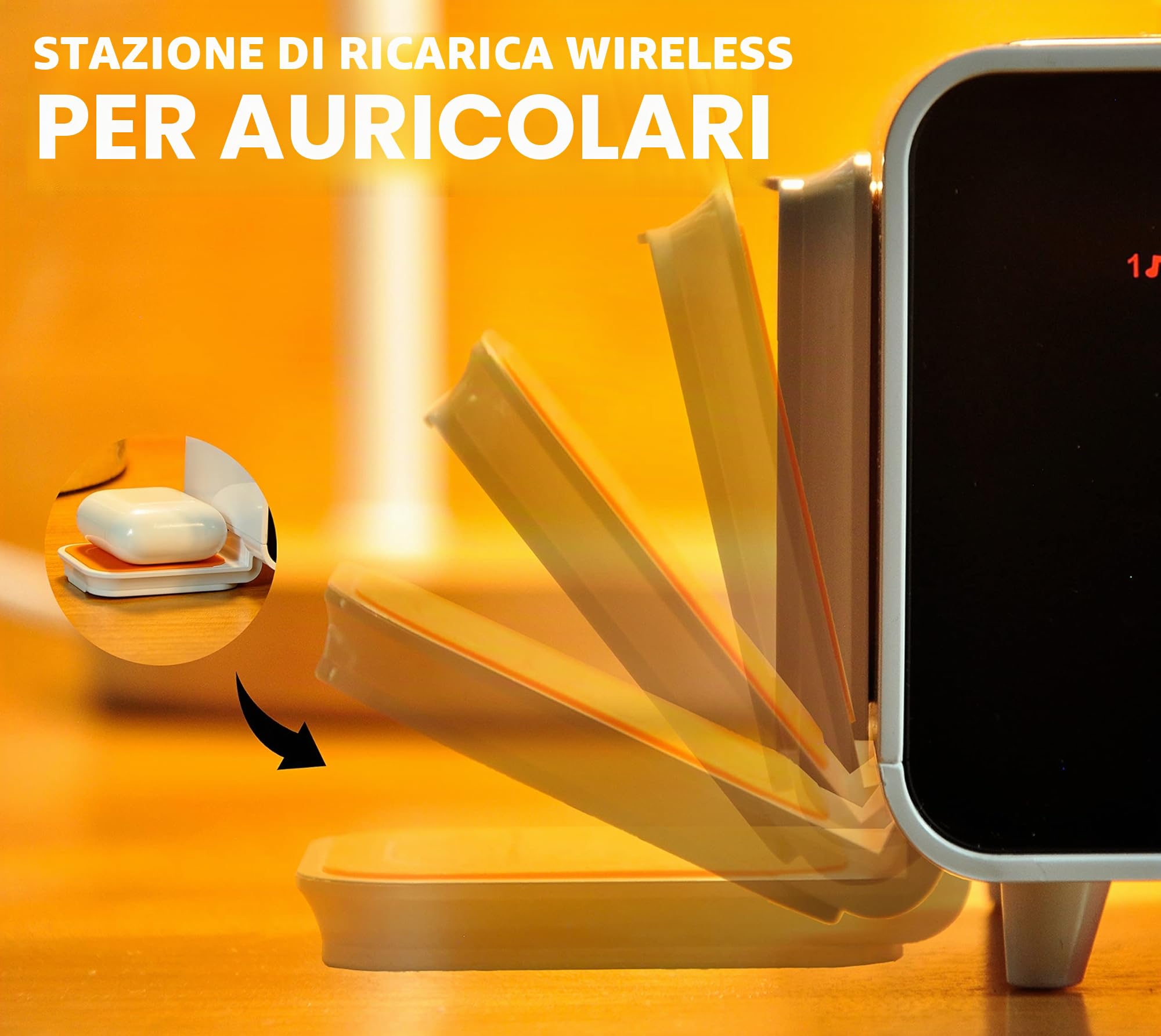Radiosveglia, Caricabatterie Wireless Bluetooth 15 Watt, Porta USB, Doppia Sveglia Dock di Ricarica, Snooze, Sveglia Digitale Dimmerabile, Display da 1,4 Pollici Luce Notturna Led Arancio iTOMA CKS209