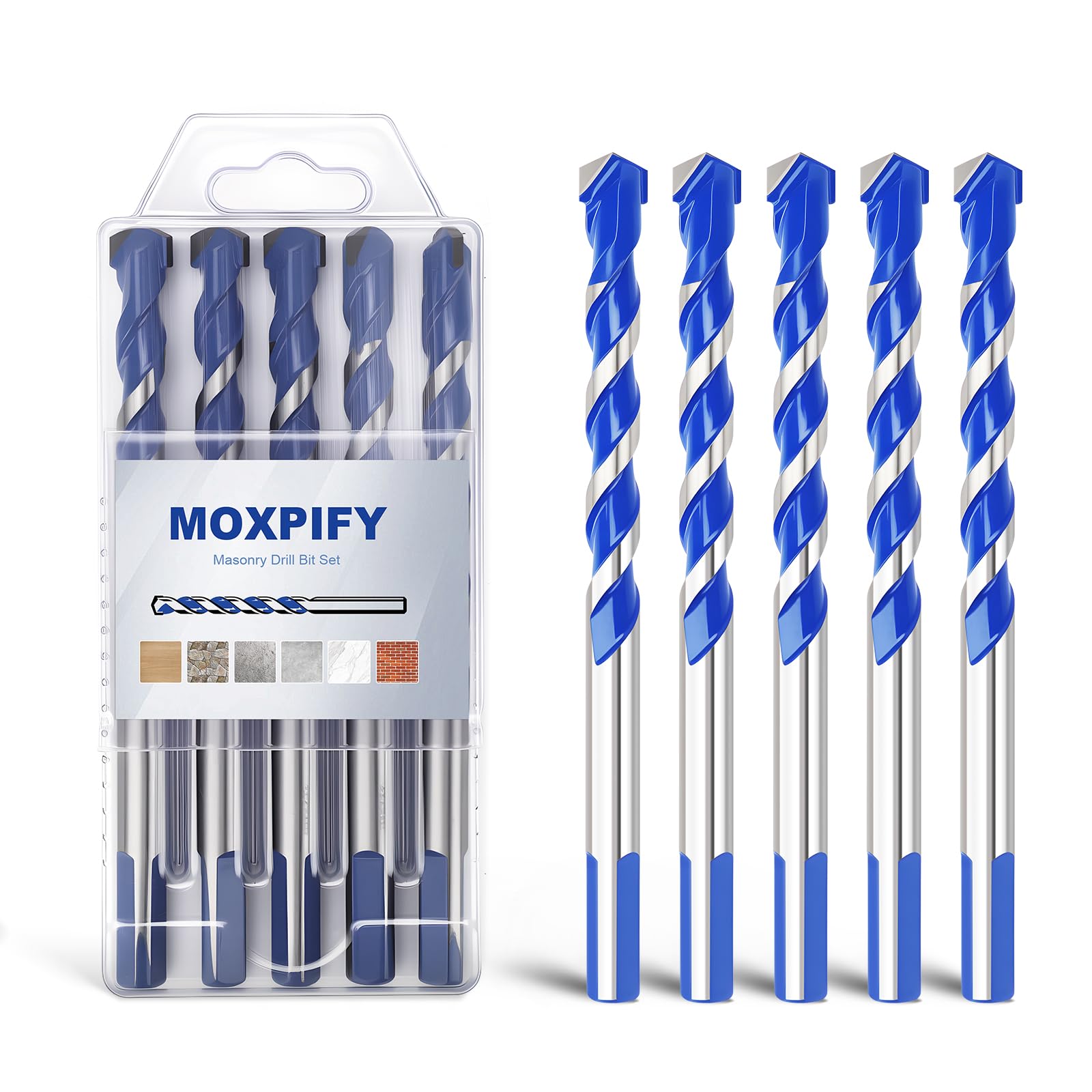 MOXPIFY 5pcs 12mm Masonry Drill Bit 150mm Extra Long, Tungsten Carbide Tip Concrete Drill Bits for Brick Wall Tile Porcelain (12mm x 150mm x 5, Tri. Shank)