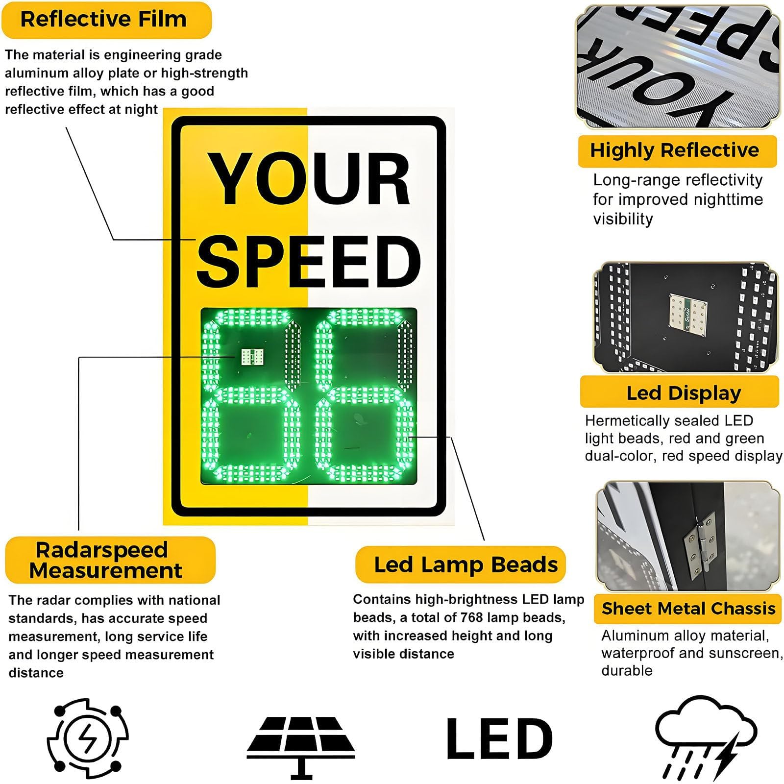 Señal de límite de velocidad de radar con energía solar, señal LED de retroalimentación con accesorios, pantalla de 20 x 27 pulgadas, medición de velocidad de 2 dígitos, tablero de advertencia