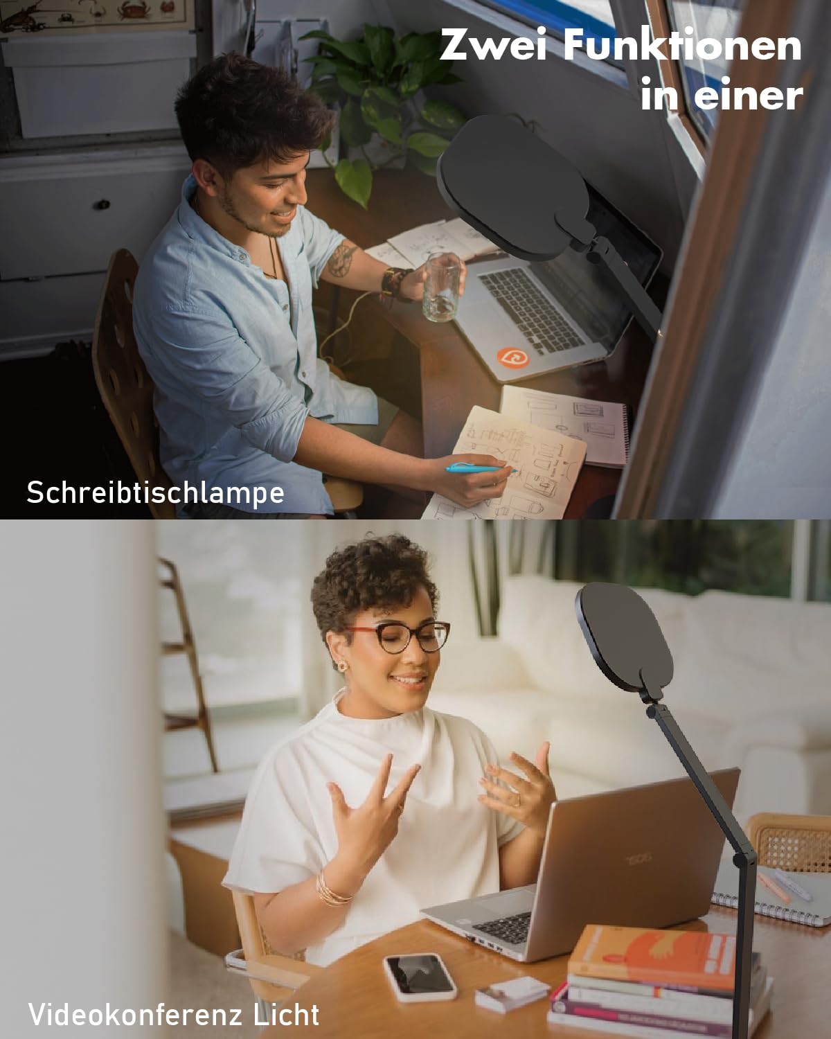 LitONES Schreibtischlampe LED Dimmbare, Augenschutz tageslichtlampe schreibtisch mit 3 Farbmodi und Touch-Steuerung/Memory-Funktion,15W Schwenkarm Bürolampe mit Stecker,Schwarz