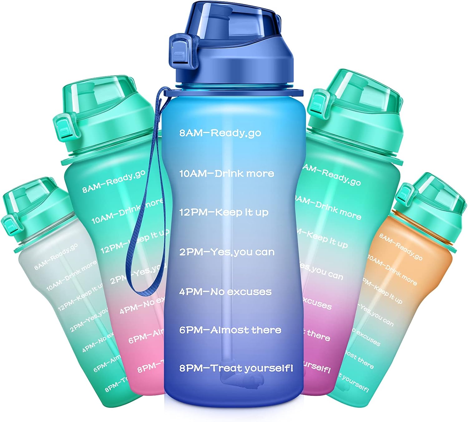 Gallon Motivational 64/100 oz Water Bottle with Time Marker & Straw, Large Daily Water Jug for Fitness Gym Outdoor Sports, Remind of All Day Hydration, Leak Proof, BPA Free (blue+purple, 64oz)
