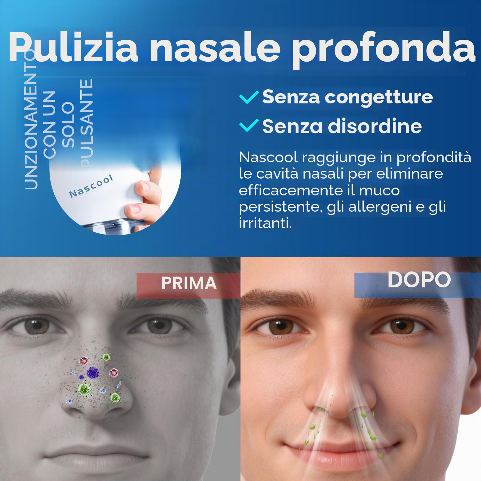 Sistema di irrigazione nasale Nascool, doccia nasale per adulti, macchina elettrica per l'irrigazione del seno Neti Pot per la cura del naso con 50 sali nasali, blu