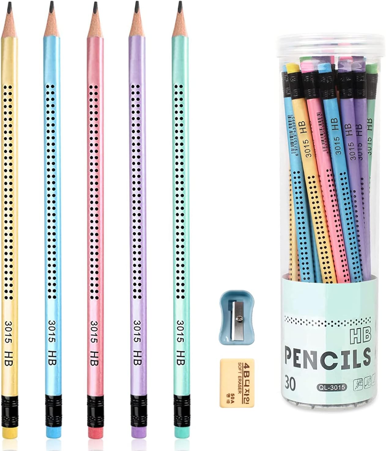 Surcotto HB pencils, 30 HB pencils with eraser and sharpener, pre-sharpened triangular pencil for student's writing and drawing at school and home