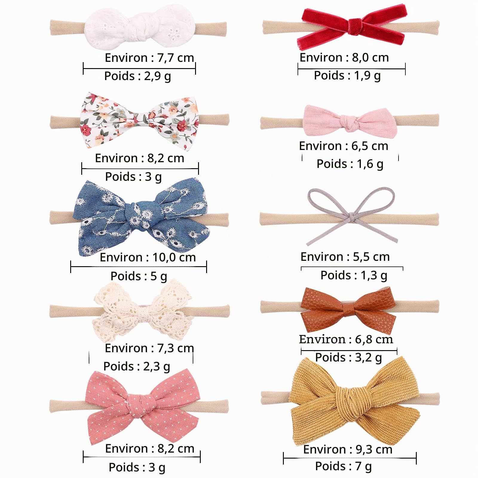 20pcs Bandeau bebe fille cheveux Bow nylon cheveux avec motif de fleurs à la main bébé nouveau - né bambin petite fille et enfants accessoires de cheveux