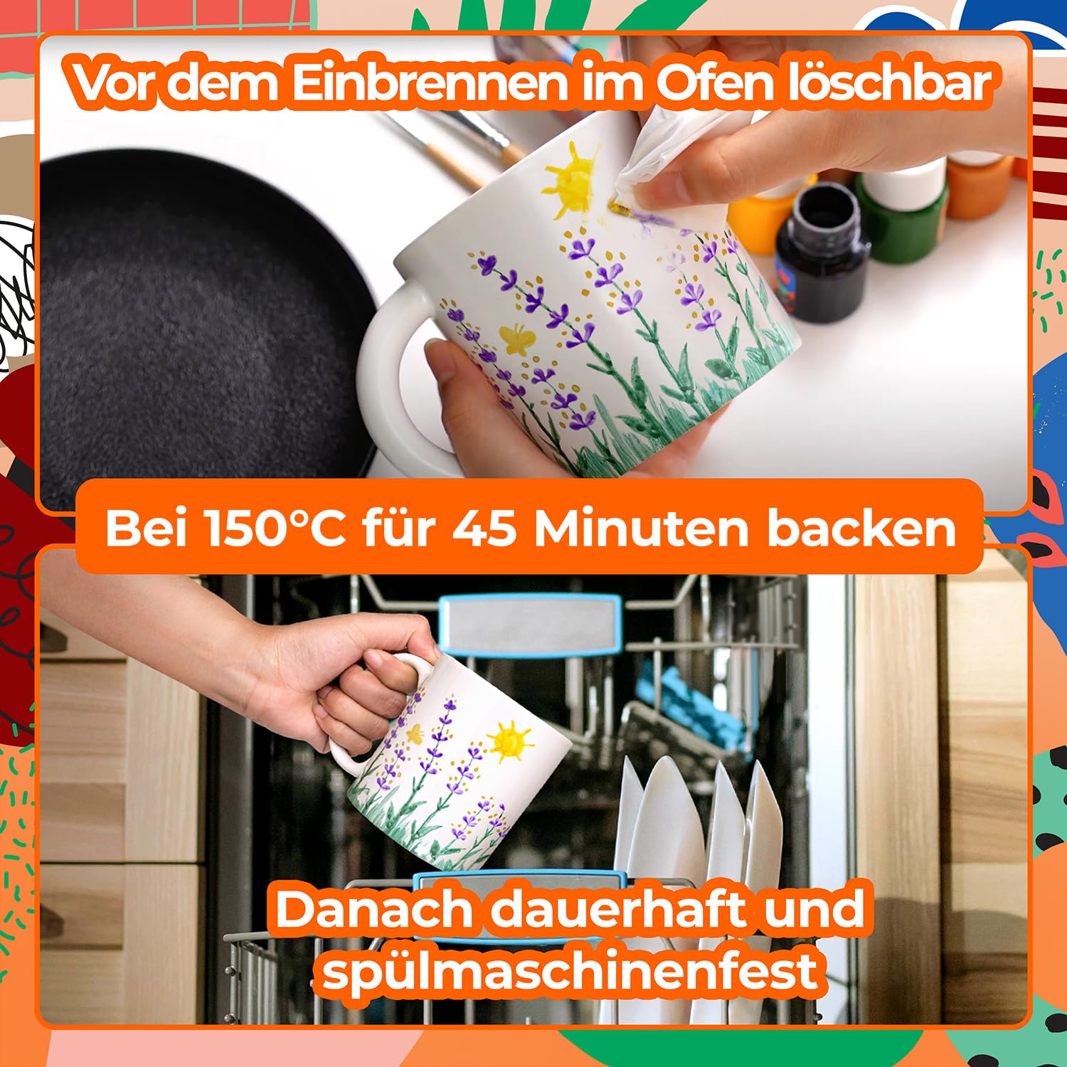 colozoo Glas & Porzellanmalfarbe & Textilfarbe Set für Kinder & Hobby-Künstler, 28x20ml Bastelset zum Bemalen von Tassen, Keramik & T-Shirts, Spülmaschinenfest & Waschmaschinenfest